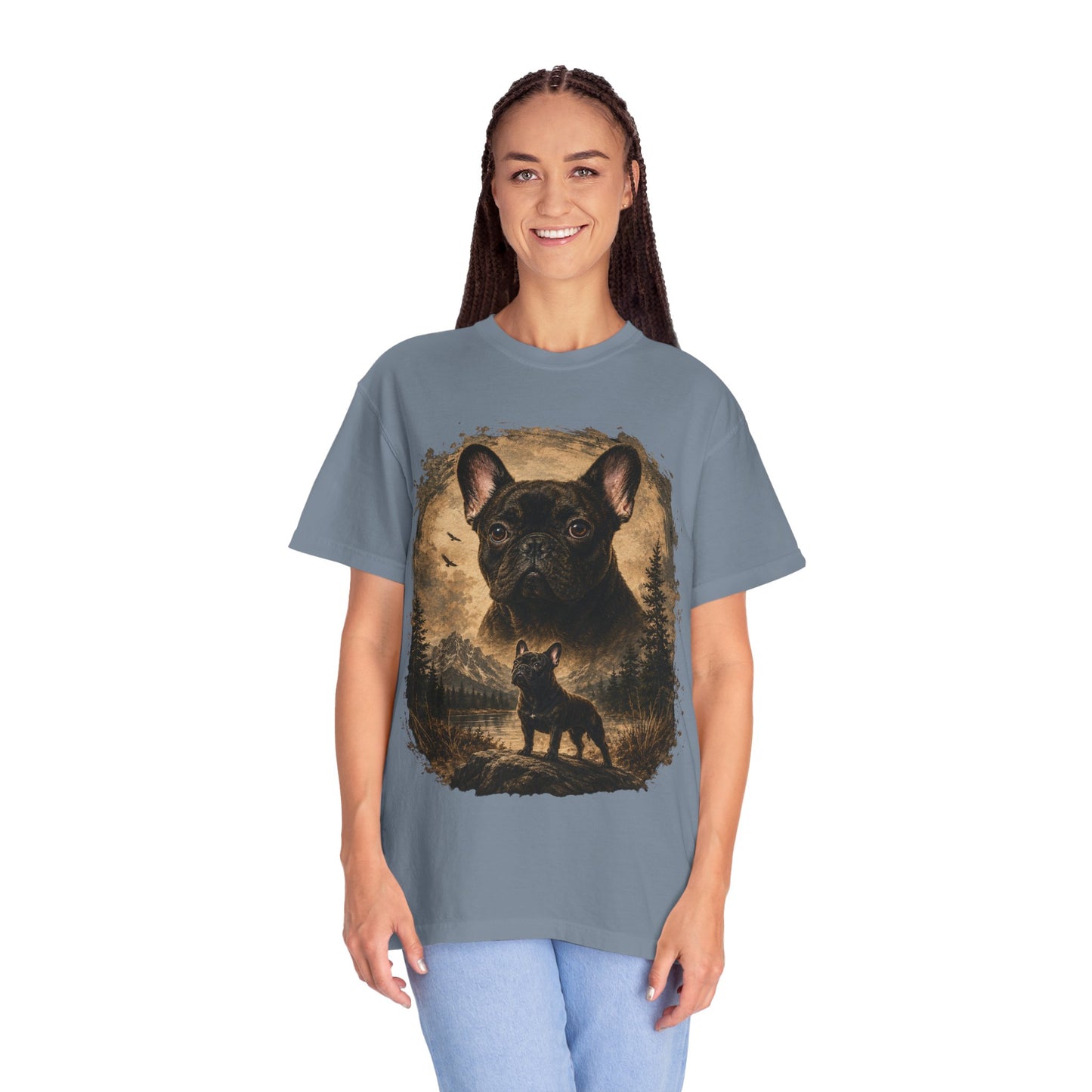 Black French Bulldog Shirt, Vintage Frenchie Nature Tee, Rustic French Bulldog Shirt, Dog Lover Gift, Frenchie Mountain Landscape Tee, Outdoors Dog Shirt, French Bulldog Art