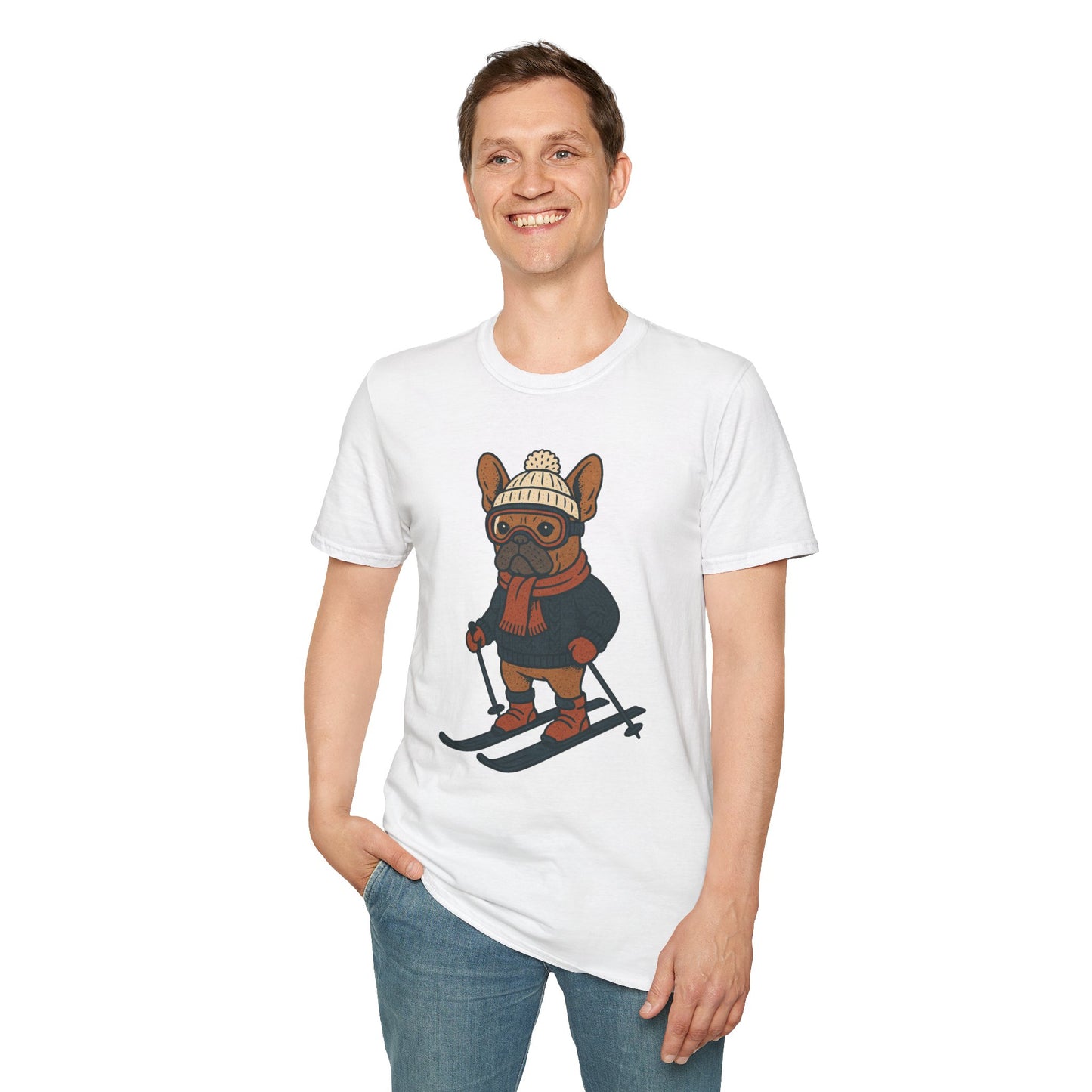French Bulldog Skiing T-Shirt, Winter Frenchie Shirt, Ski Dog Graphic Tee, Cute Snow Dog Gift, Funny Frenchie Lover Shirt, Skiing Pup Tee