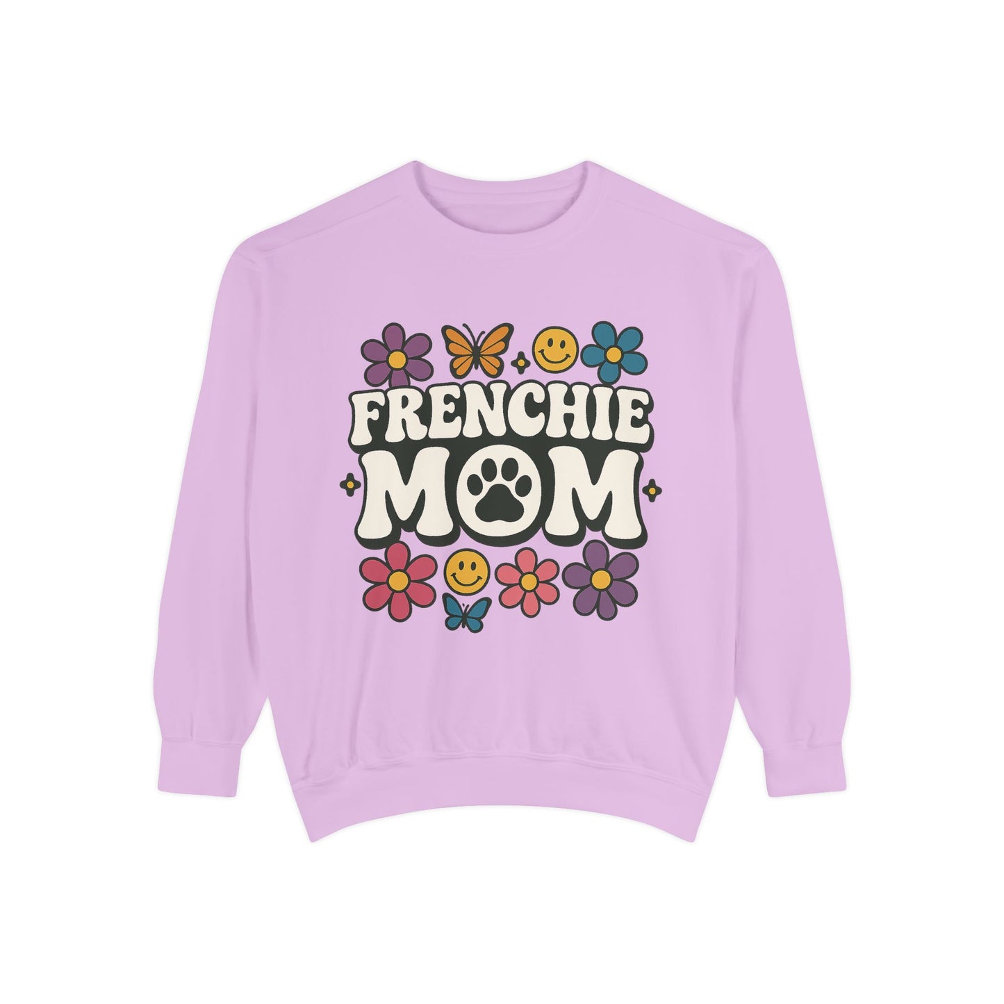 Frenchie Mom Sweatshirt | Retro Groovy Dog Lover Pullover | Smiley Flower French Bulldog Crewneck | Cute Colorful Dog Mom Sweater