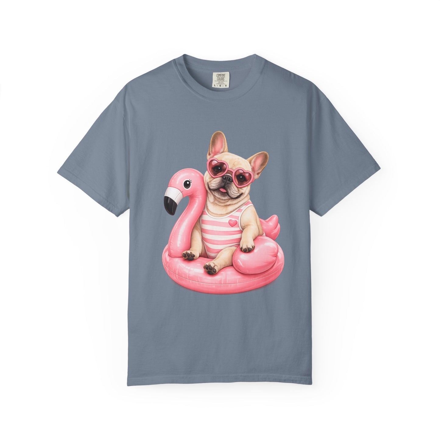 French Bulldog on Pink Flamingo Float T-Shirt — Cute Summer Dog Tee