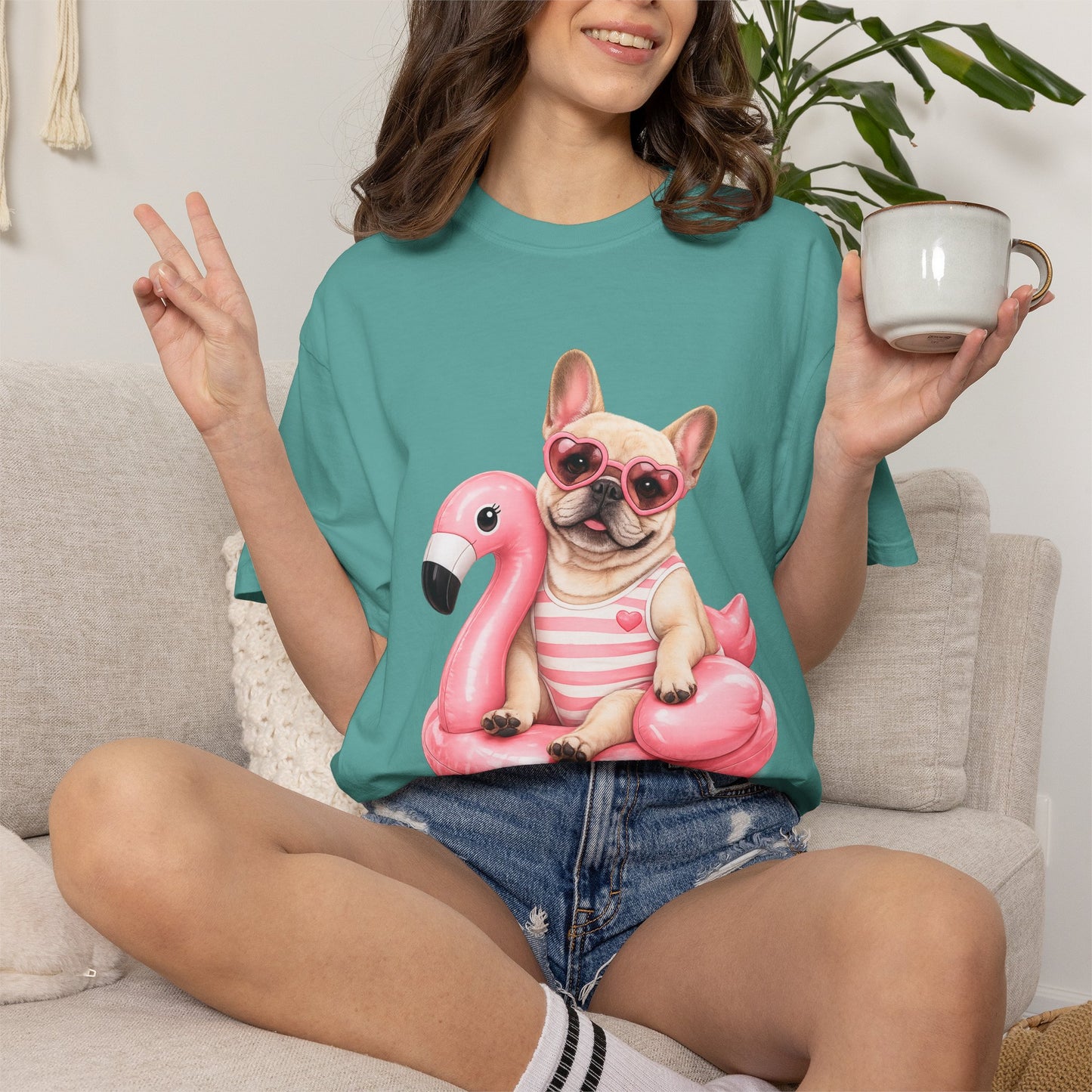 French Bulldog on Pink Flamingo Float T-Shirt — Cute Summer Dog Tee