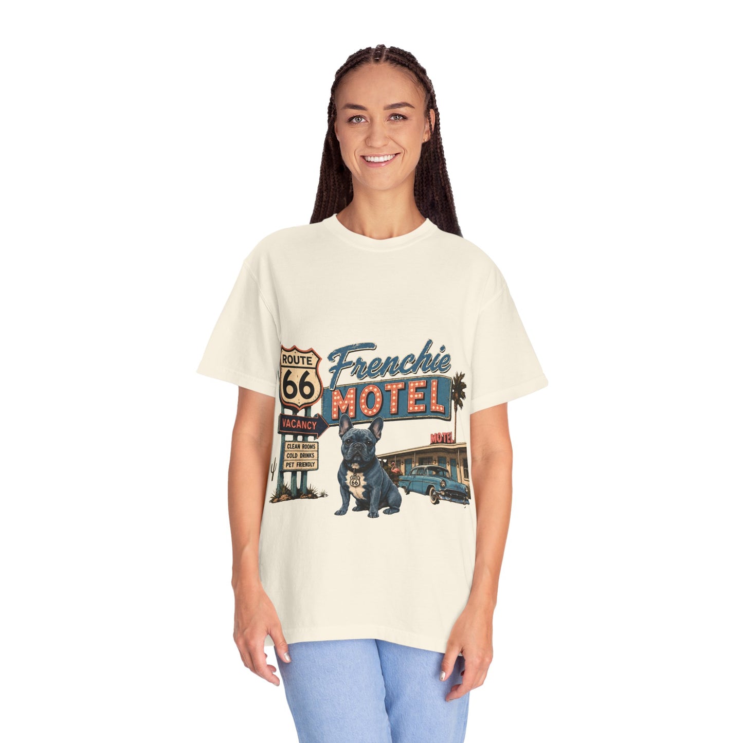 Route 66 Frenchie Motel Shirt, French Bulldog Retro Travel Tee, Vintage Road Trip Shirt, Dog Lover Graphic Tee, Route 66 Dog Shirt, Frenchie Motel T-Shirt, Retro Americana Gift