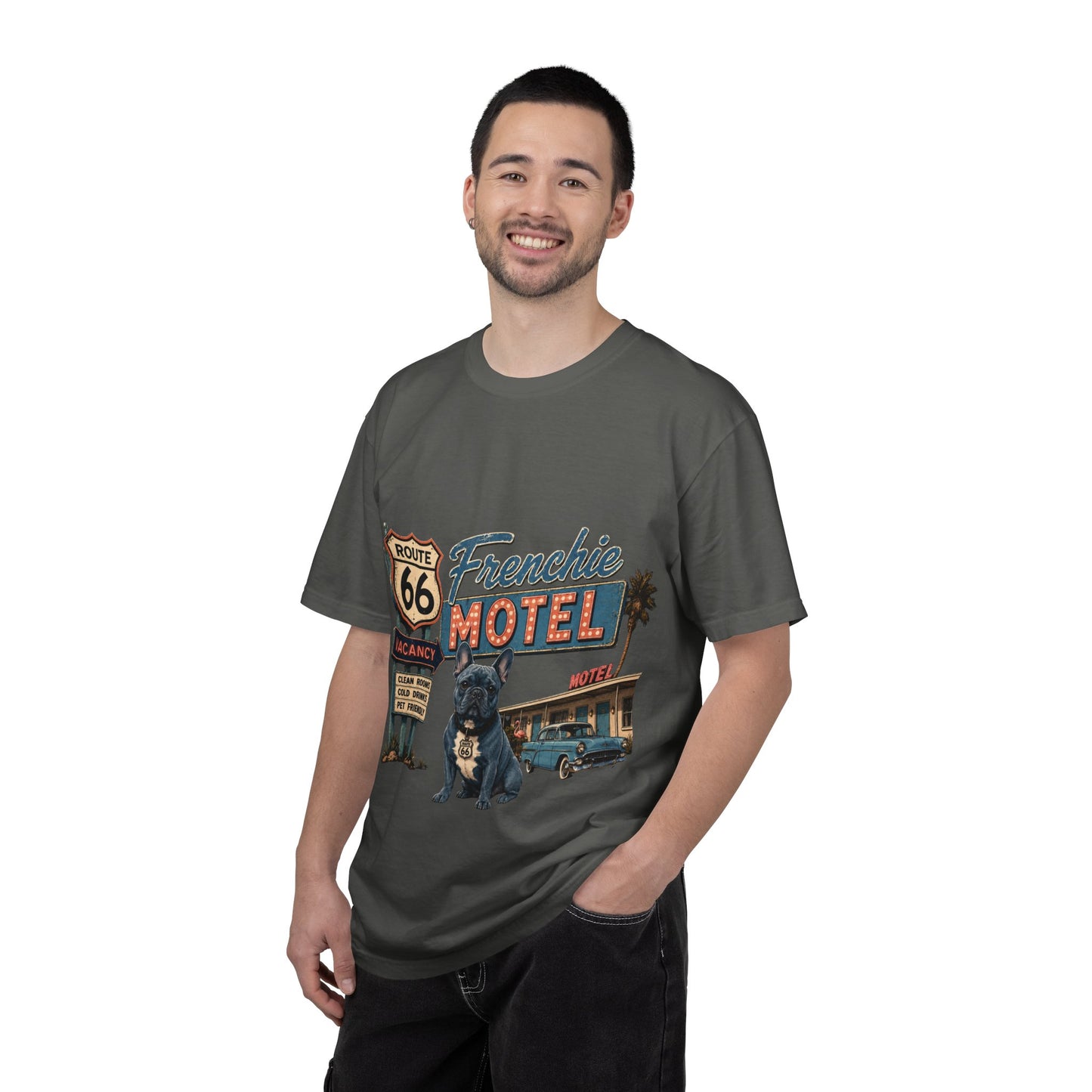 Route 66 Frenchie Motel Shirt, French Bulldog Retro Travel Tee, Vintage Road Trip Shirt, Dog Lover Graphic Tee, Route 66 Dog Shirt, Frenchie Motel T-Shirt, Retro Americana Gift