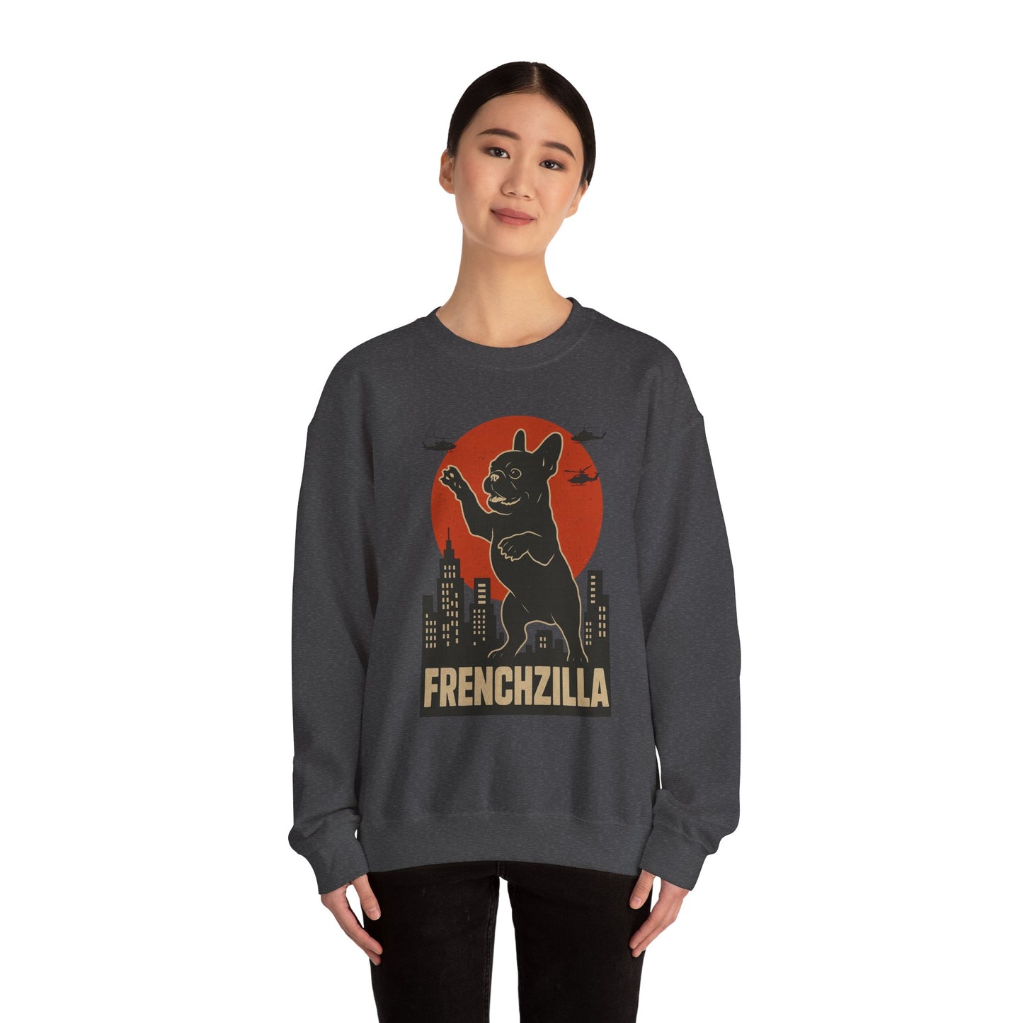 French Bulldogzilla Sweatshirt | Godzilla Inspired French Bulldog Graphic Tee | Retro Japanese Movie Style Dog Lover Shirt | Funny Frenchie Gift