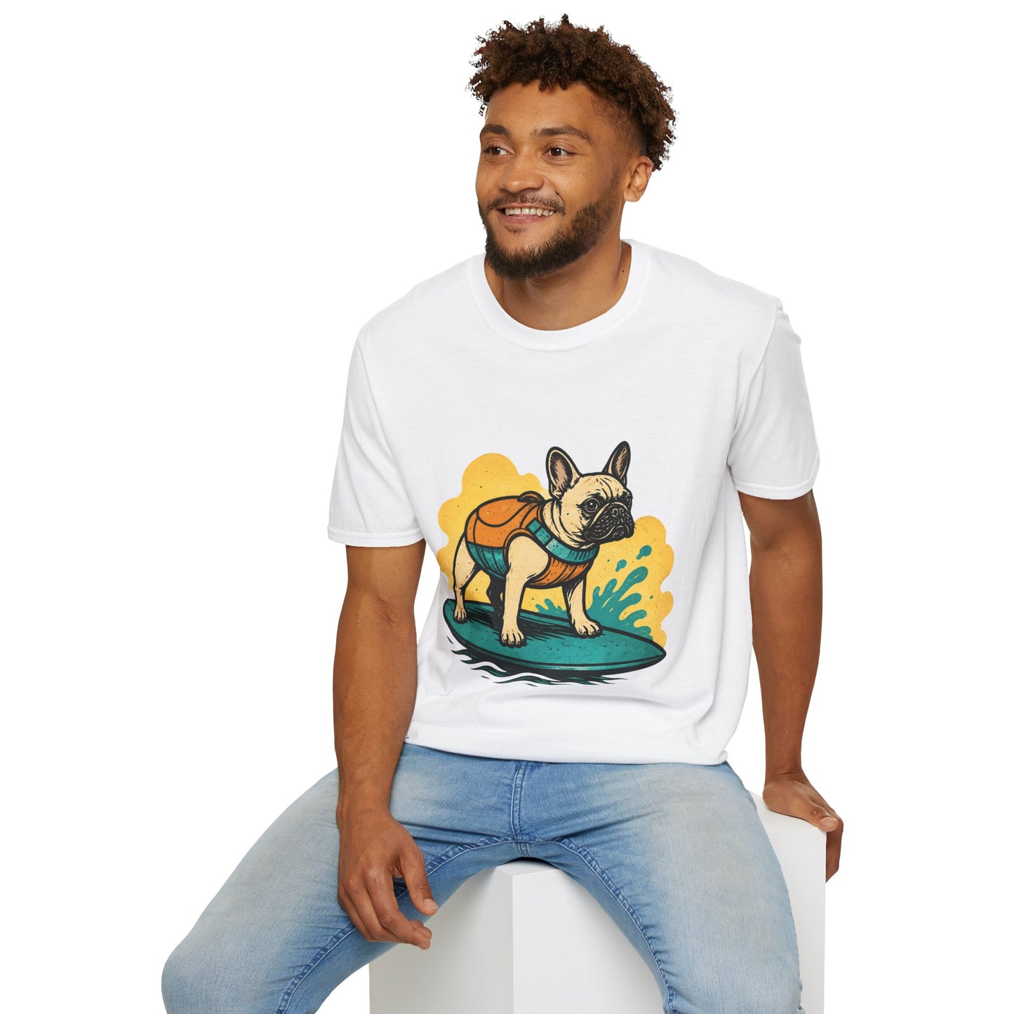 French Bulldog Surf T‑Shirt — Cute Dog with Backpack Beach Tee