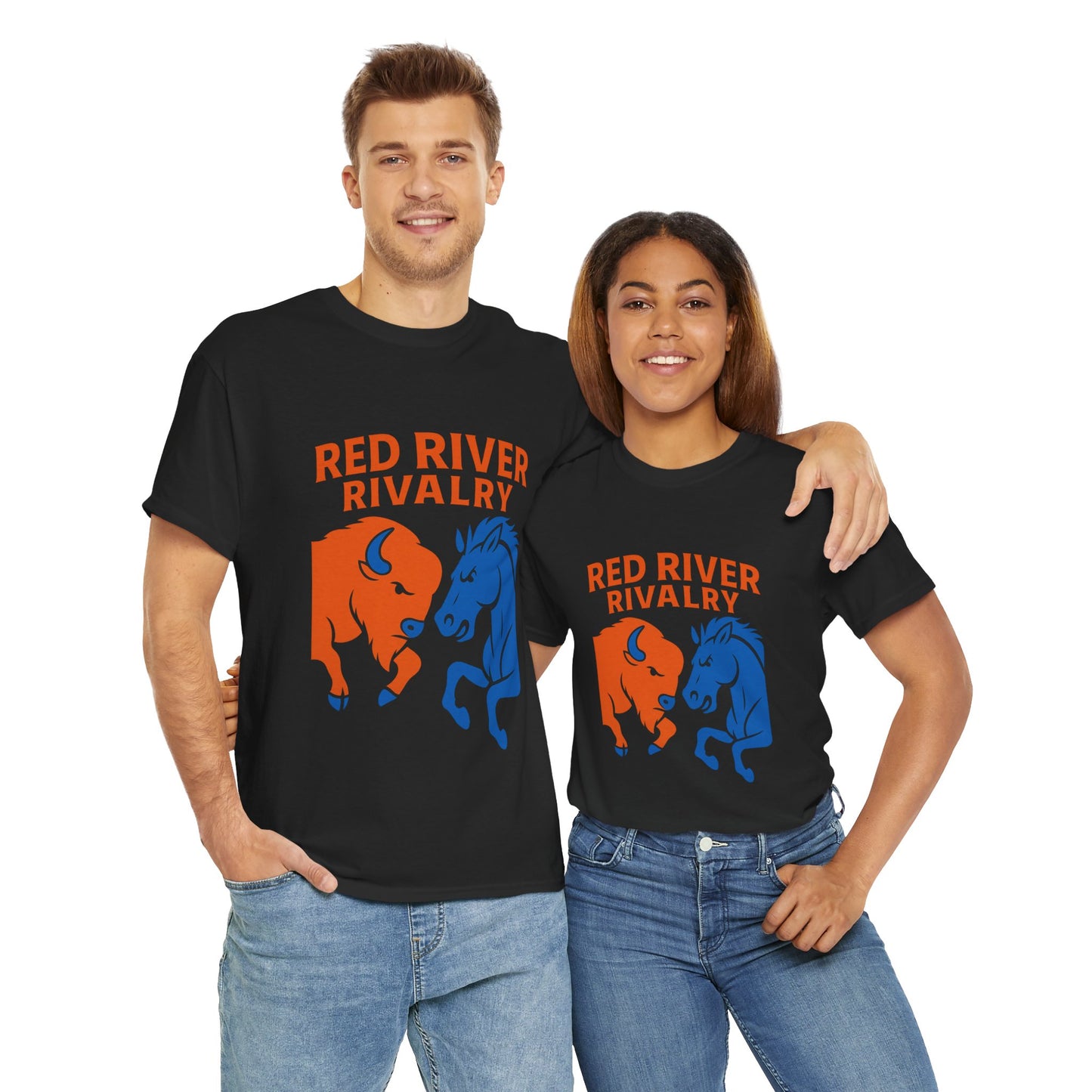Red River Rivalry T-Shirt – Oklahoma vs Texas-Inspired Tee, Bison and Mustang Game Day Shirt, Blue and Orange Sports Rivalry Graphic