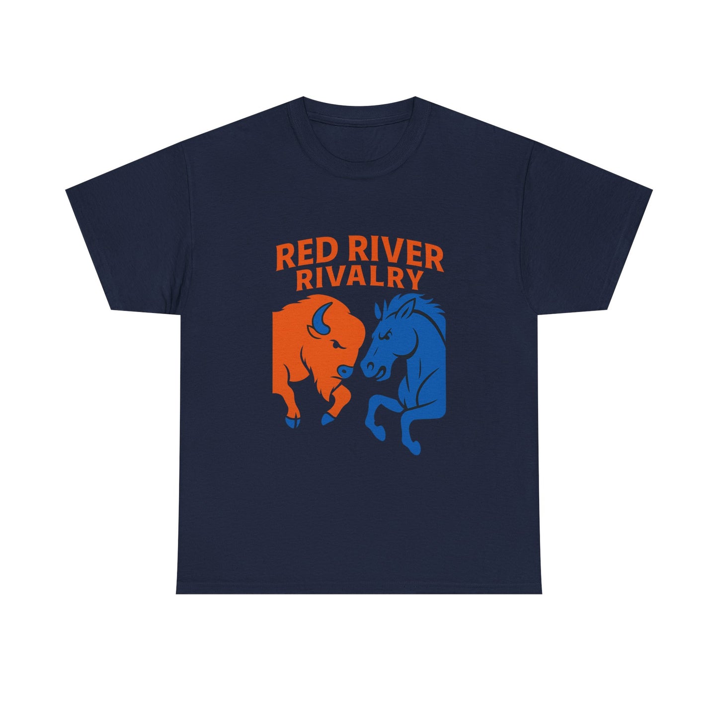Red River Rivalry T-Shirt – Oklahoma vs Texas-Inspired Tee, Bison and Mustang Game Day Shirt, Blue and Orange Sports Rivalry Graphic