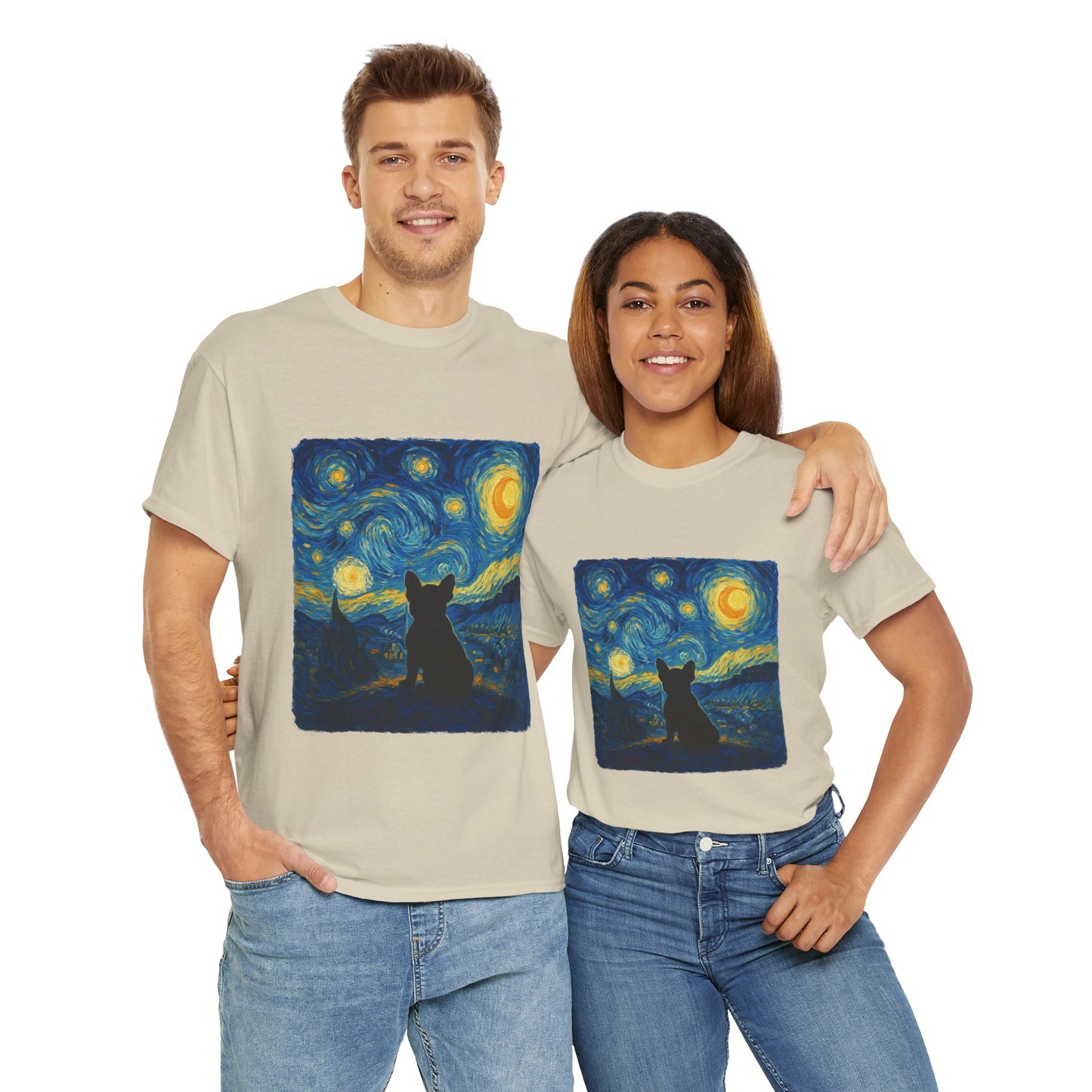 Starry Night Frenchie T-Shirt – Van Gogh Inspired French Bulldog Tee, Artistic Dog Lover Shirt, Unique Gift for Pet Moms & Dads
