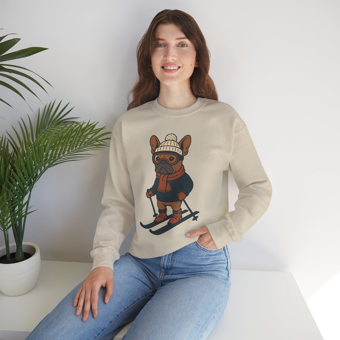 Skiing Frenchie Sweatshirt – Cute Winter French Bulldog Pullover, Cozy Ski Dog Sweater, Funny Dog Lover Gift, Winter Sports Bulldog Crewneck