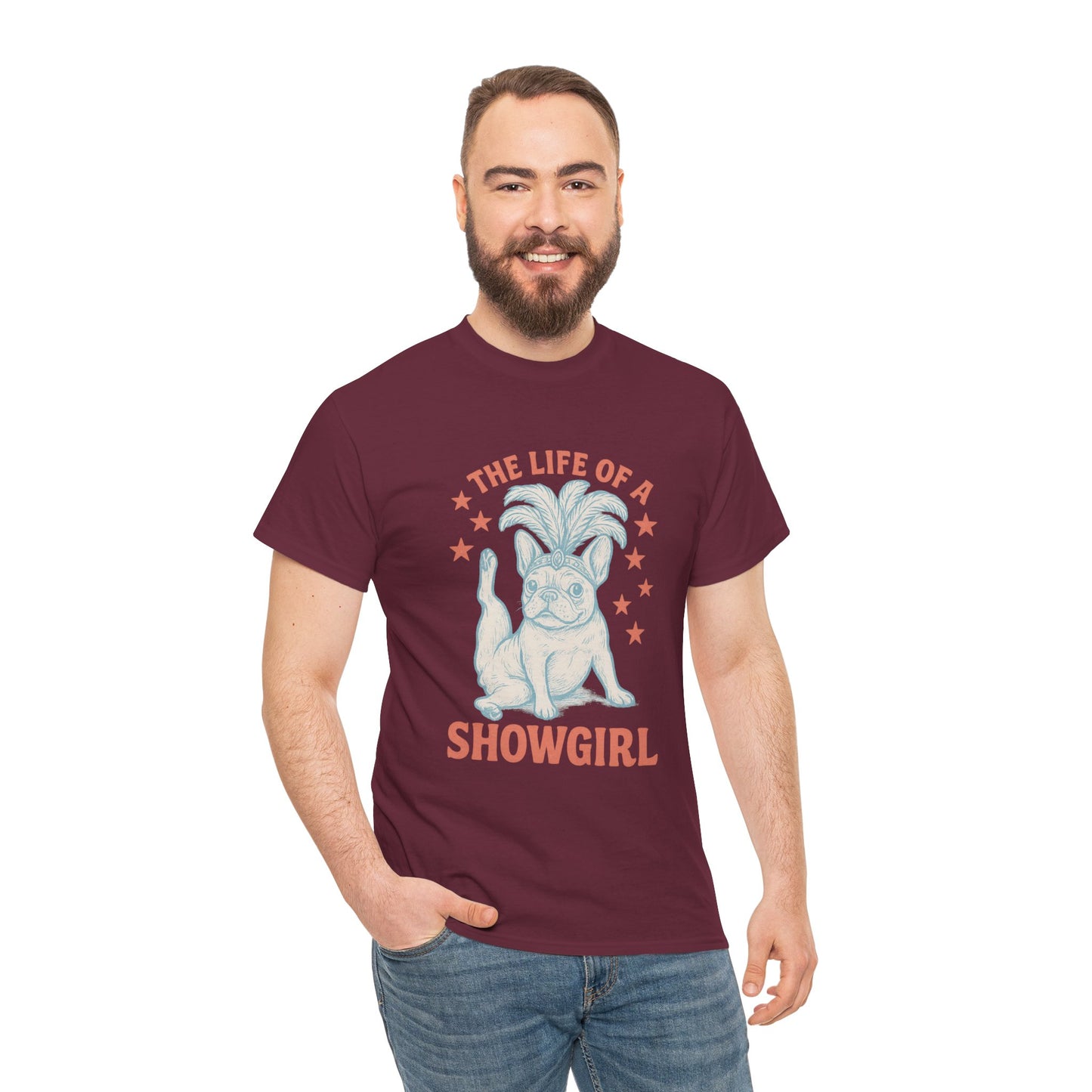 The Life of a Showgirl Frenchie T-Shirt – Retro French Bulldog Tee, Funny Dog Lover Shirt, Vintage Vegas Showgirl Graphic