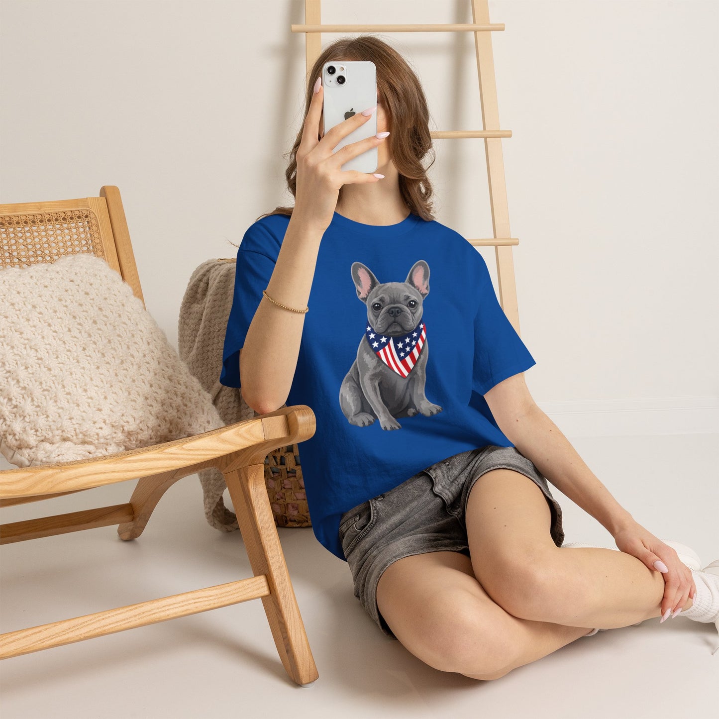 Patriotic French Bulldog Shirt, Blue Frenchie American Flag Bandana Tee, Fourth of July Dog Lover Shirt, USA French Bulldog Gift