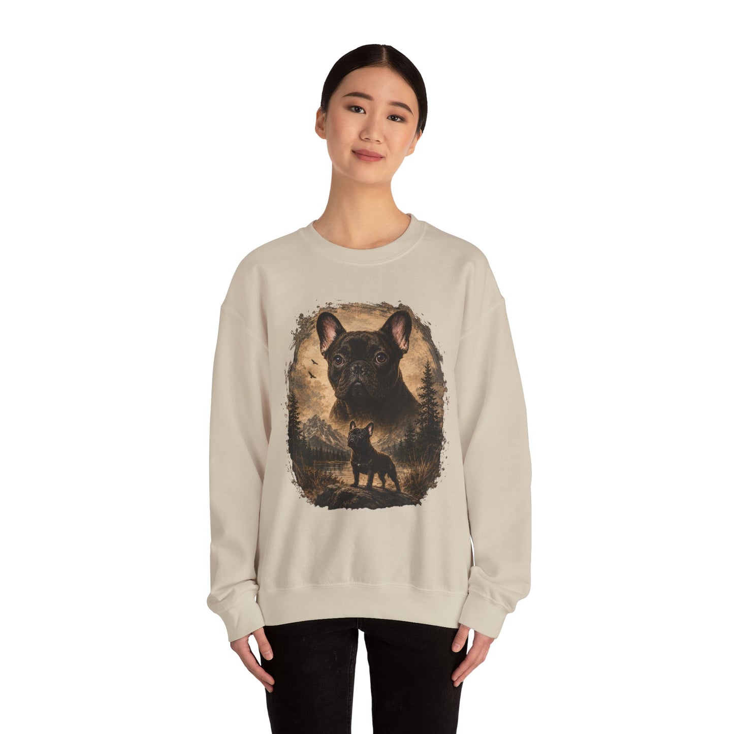 Black French Bulldog Sweatshirt, Rustic Frenchie Crewneck, Vintage Nature French Bulldog Sweatshirt, Dog Lover Gift, Black Frenchie Pullover, Camping Sweatshirt, Cozy Dog Apparel
