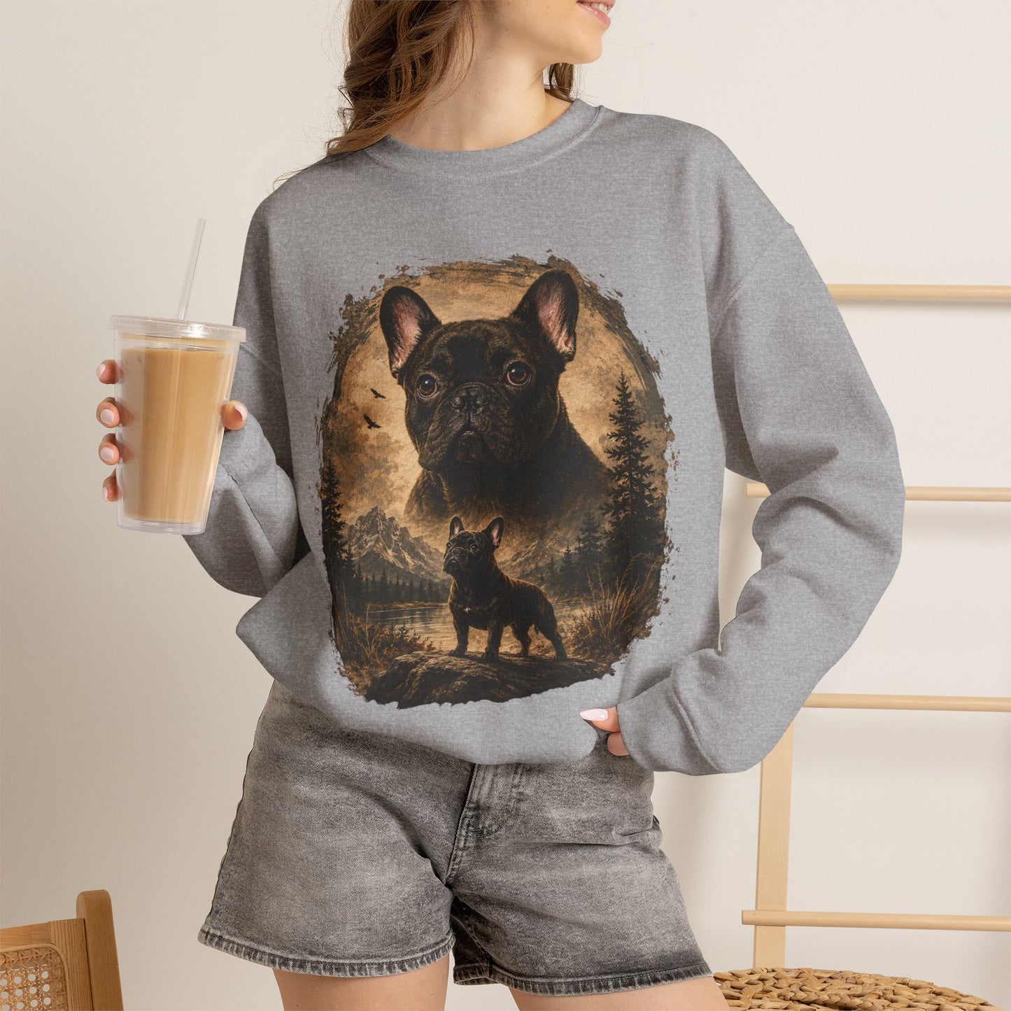 Black French Bulldog Sweatshirt, Rustic Frenchie Crewneck, Vintage Nature French Bulldog Sweatshirt, Dog Lover Gift, Black Frenchie Pullover, Camping Sweatshirt, Cozy Dog Apparel