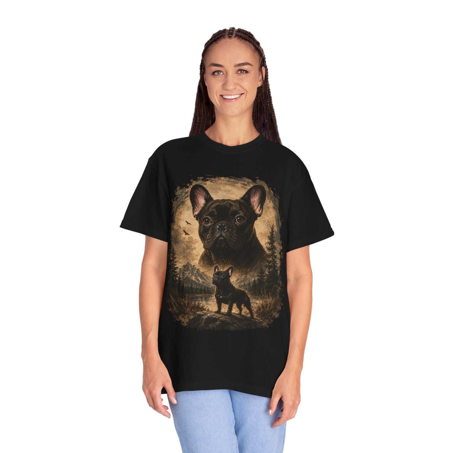 Black French Bulldog Shirt, Vintage Frenchie Nature Tee, Rustic French Bulldog Shirt, Dog Lover Gift, Frenchie Mountain Landscape Tee, Outdoors Dog Shirt, French Bulldog Art