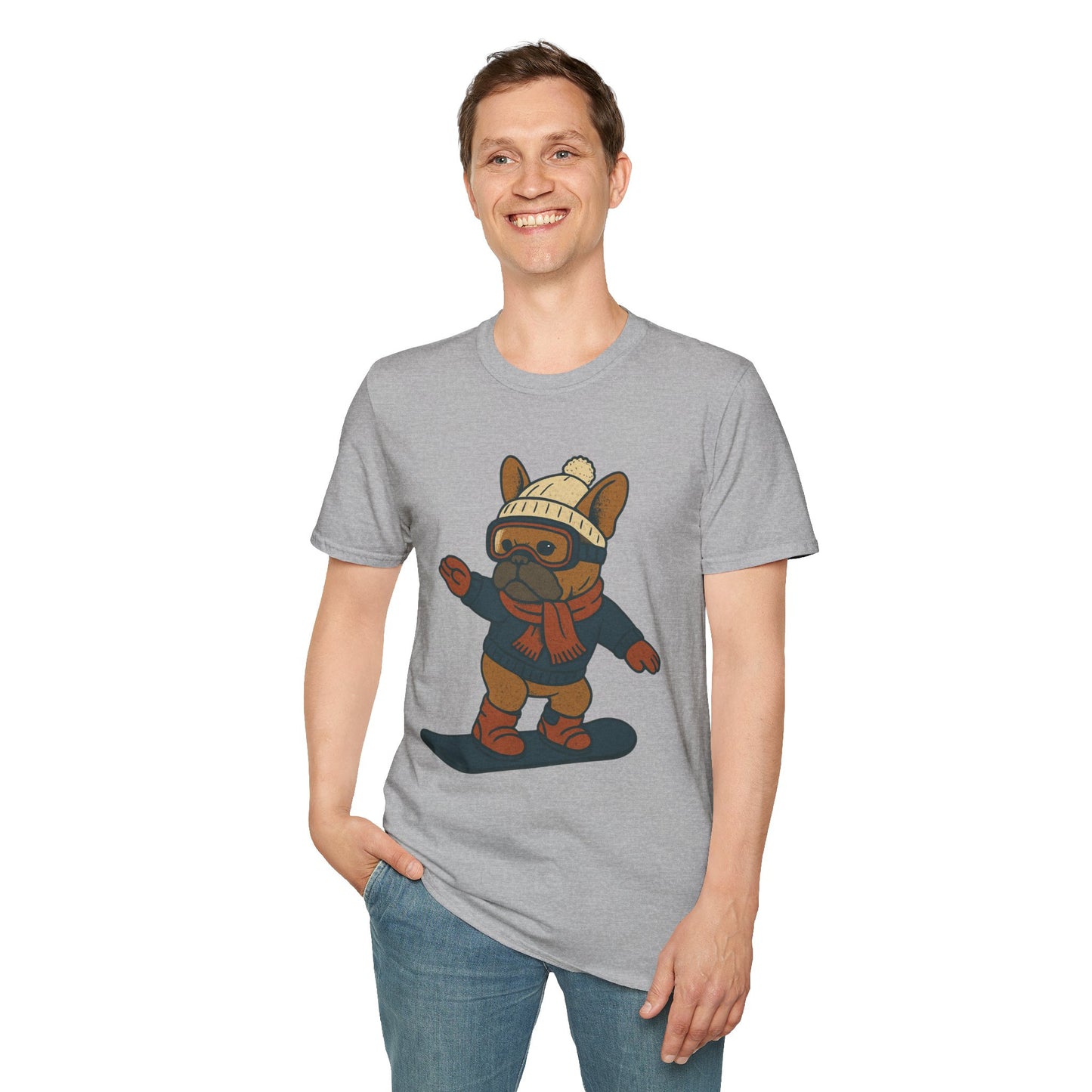 Snowboarding Frenchie T-Shirt | Cute Winter Dog Snowboard Tee | French Bulldog Snowboarder Shirt | Holiday Ski Resort Pup Graphic | Dog Lover Snow Sport Gift