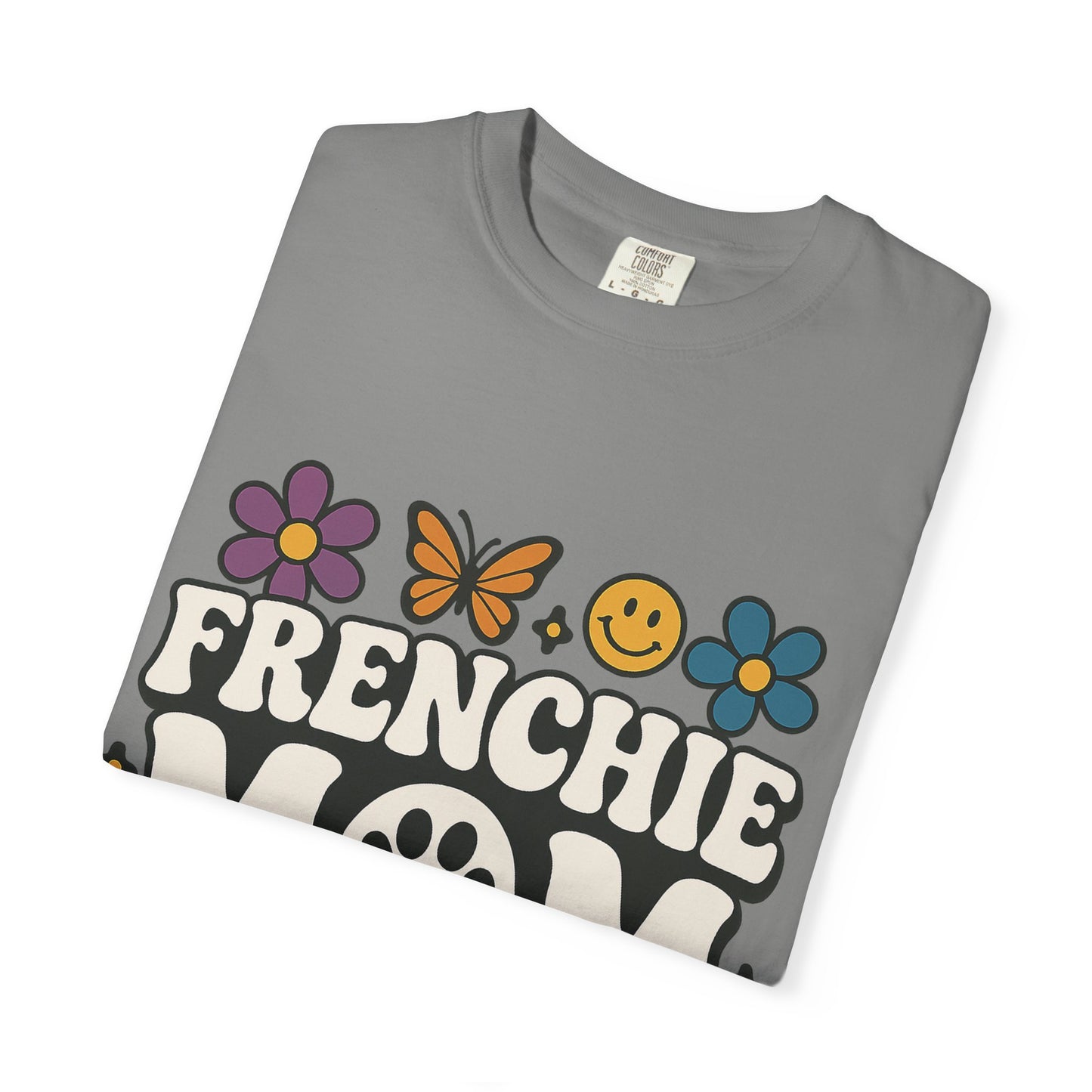 Frenchie Mom T-Shirt | Retro Groovy Dog Lover Tee | Smiley Flower French Bulldog Shirt | Cute Colorful Frenchie Gift for Her