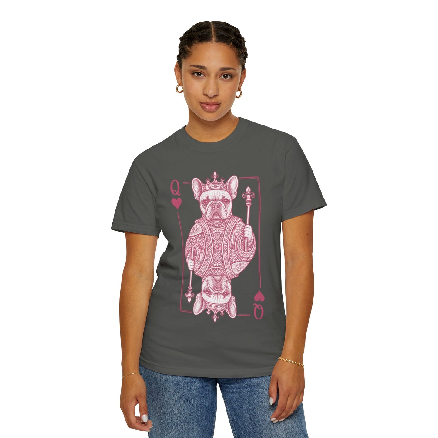Queen of Hearts French Bulldog Shirt, Frenchie Queen Playing Card Tee, Dog Mom Gift, Cute French Bulldog Graphic Shirt, Royal Frenchie T-Shirt