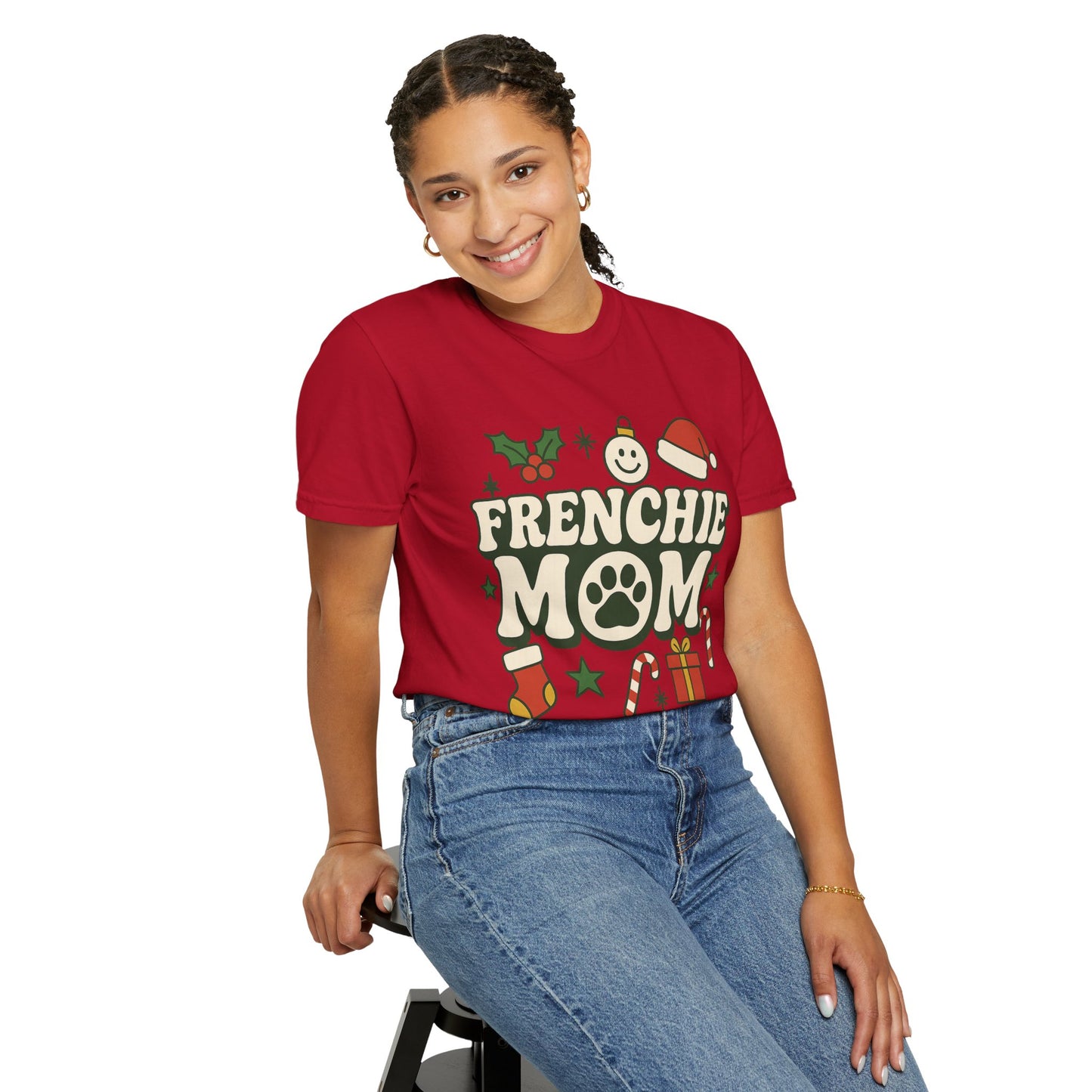 Merry Frenchie Mom T-Shirt | Christmas Dog Mom Tee | Festive French Bulldog Top | Cute Holiday Dog Lover Gift Shirt
