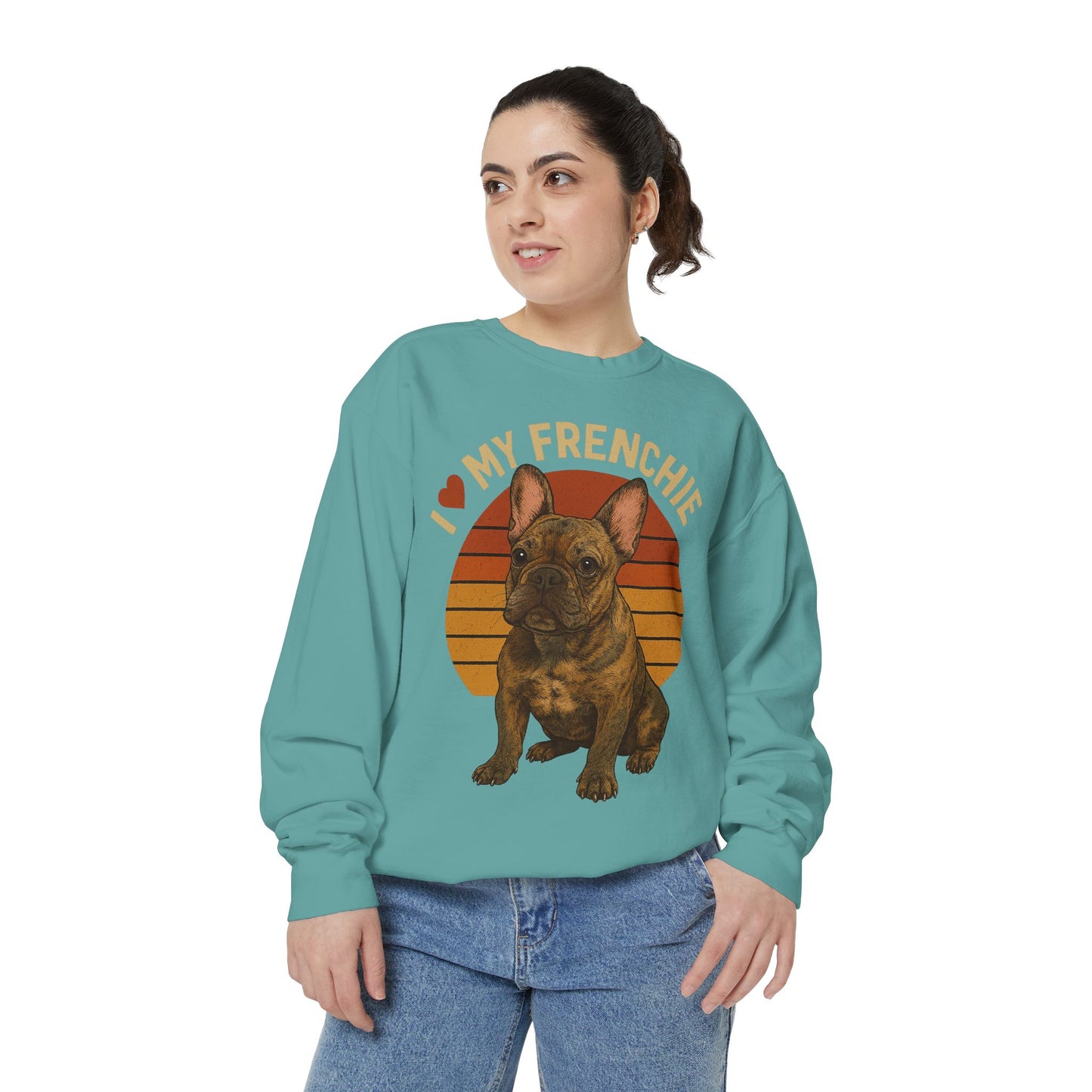 I Love My Frenchie Sweatshirt | Brindle French Bulldog Pullover | Retro Dog Lover Crewneck | Vintage Frenchie Mom & Dad Gift