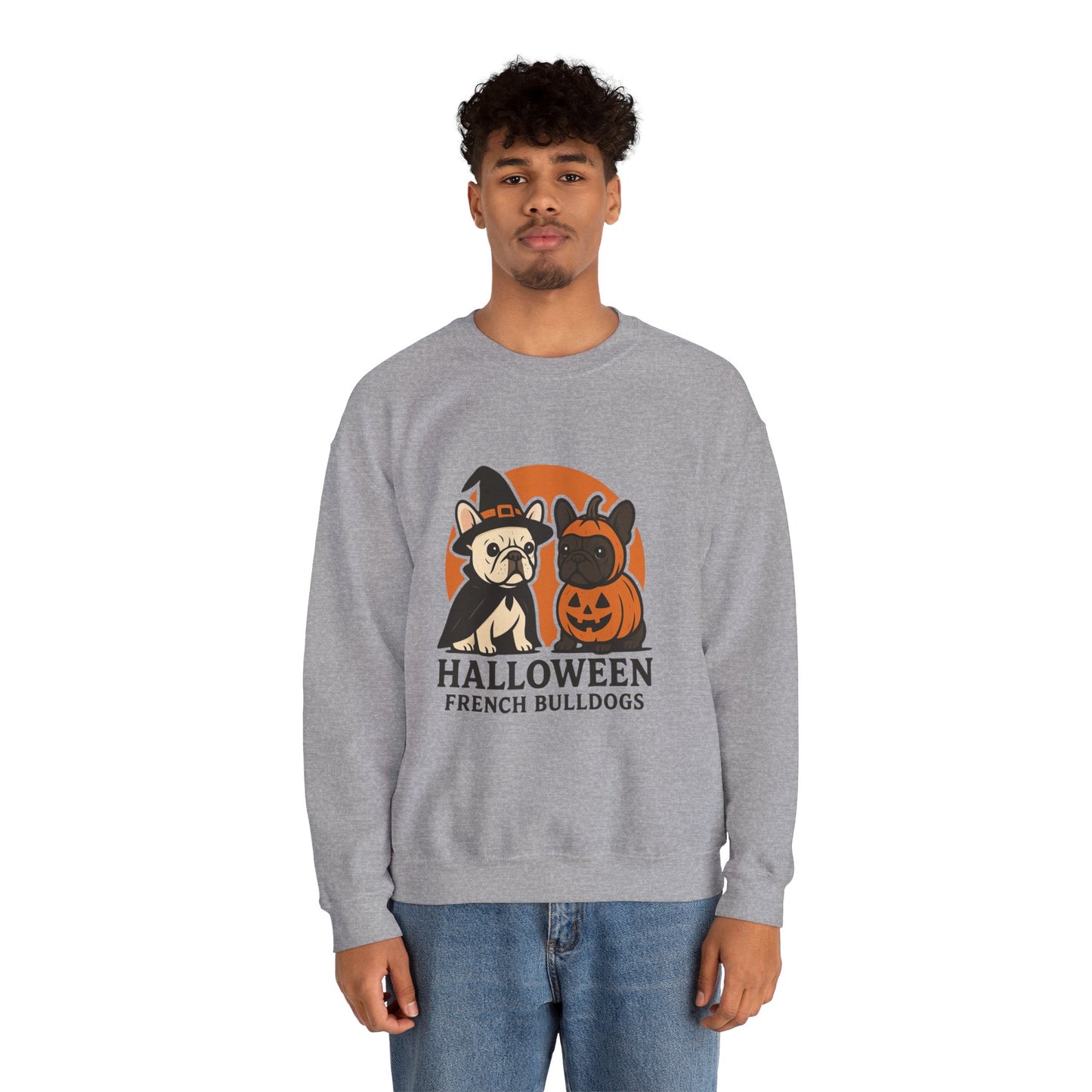 Halloween French Bulldogs Pullover | Cute Pumpkin & Witch Frenchie Sweatshirt | Spooky Fall Dog Lover Gift | Unisex Cozy Halloween Sweater