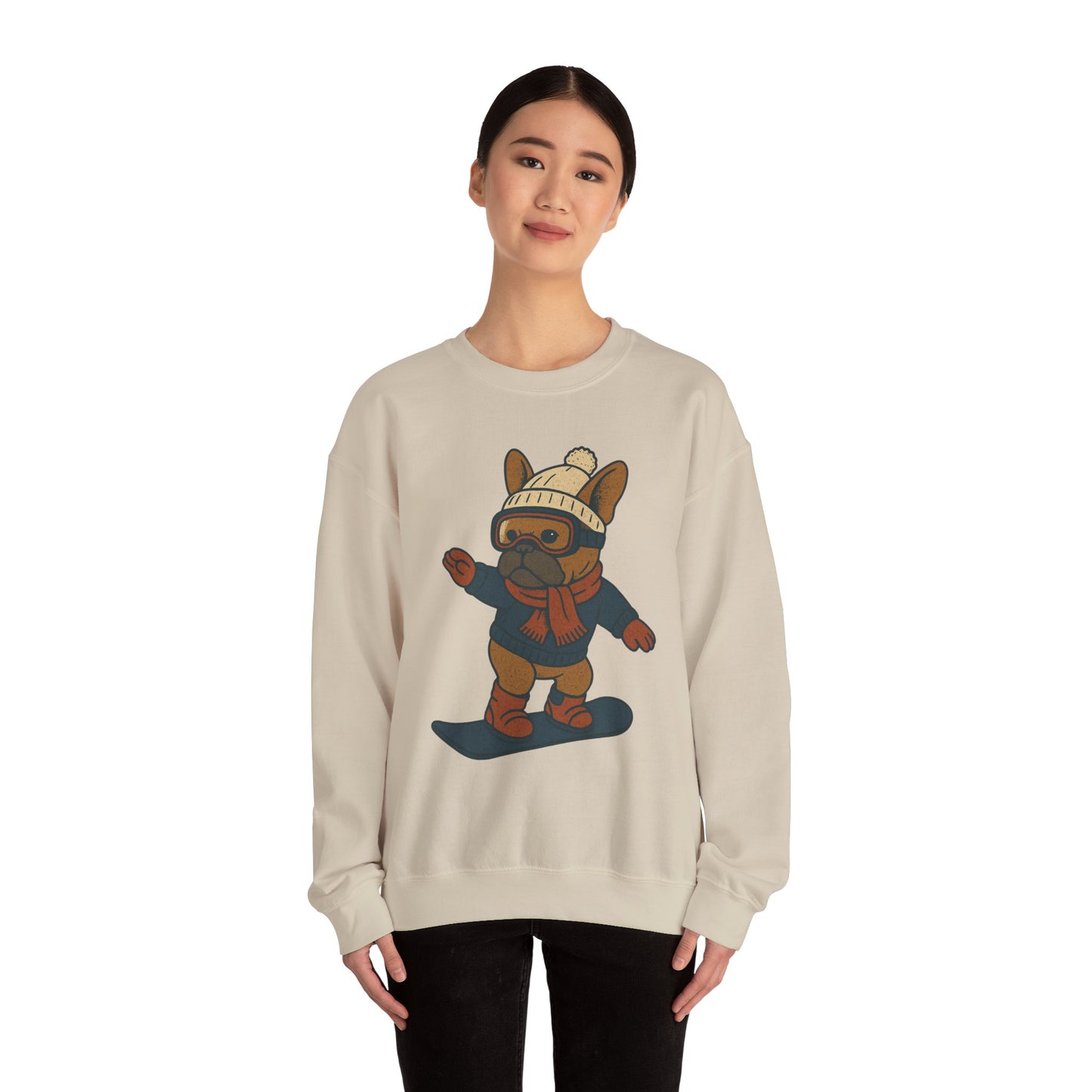 Snowboarding Frenchie Sweatshirt – Cute French Bulldog Winter Sweater, Snowboard Dog Pullover, Cozy Holiday Ski Dog Crewneck, Frenchie Lover Gift
