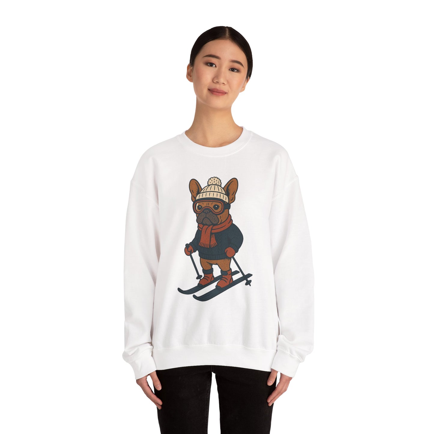 Skiing Frenchie Sweatshirt – Cute Winter French Bulldog Pullover, Cozy Ski Dog Sweater, Funny Dog Lover Gift, Winter Sports Bulldog Crewneck