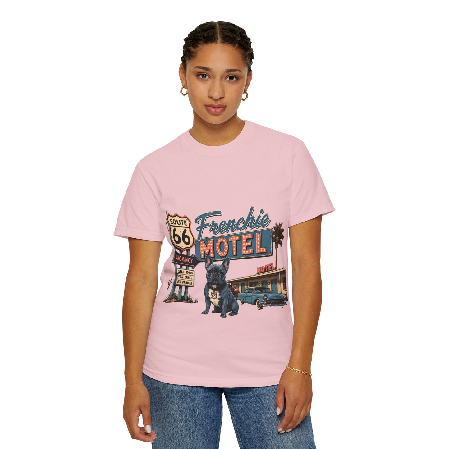 Route 66 Frenchie Motel Shirt, French Bulldog Retro Travel Tee, Vintage Road Trip Shirt, Dog Lover Graphic Tee, Route 66 Dog Shirt, Frenchie Motel T-Shirt, Retro Americana Gift