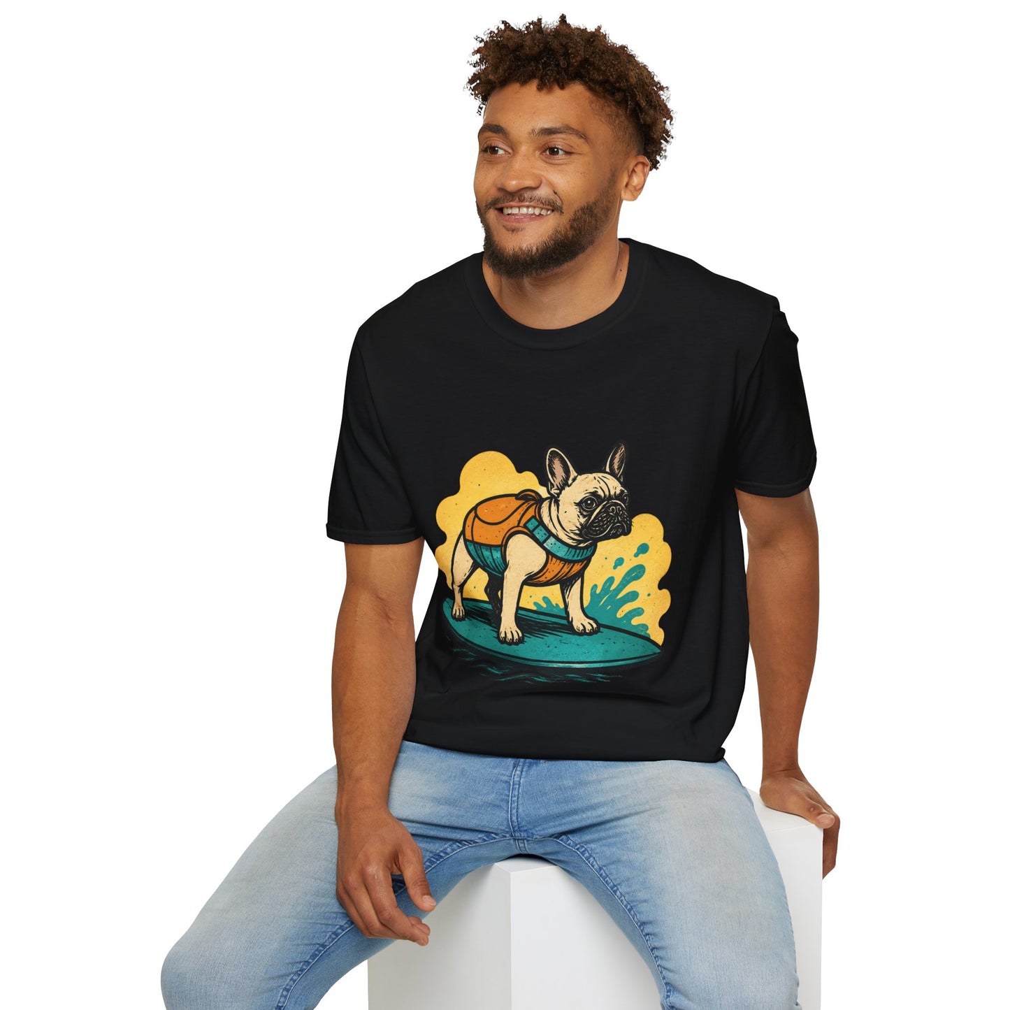 French Bulldog Surf T‑Shirt — Cute Dog with Backpack Beach Tee