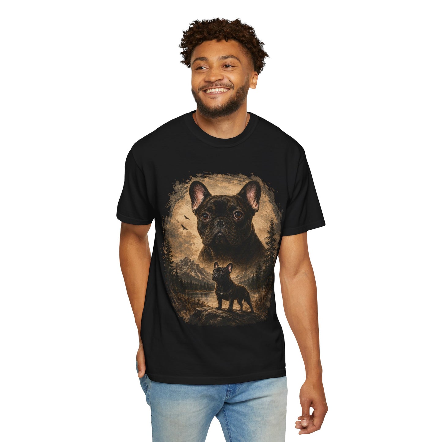 Black French Bulldog Shirt, Vintage Frenchie Nature Tee, Rustic French Bulldog Shirt, Dog Lover Gift, Frenchie Mountain Landscape Tee, Outdoors Dog Shirt, French Bulldog Art