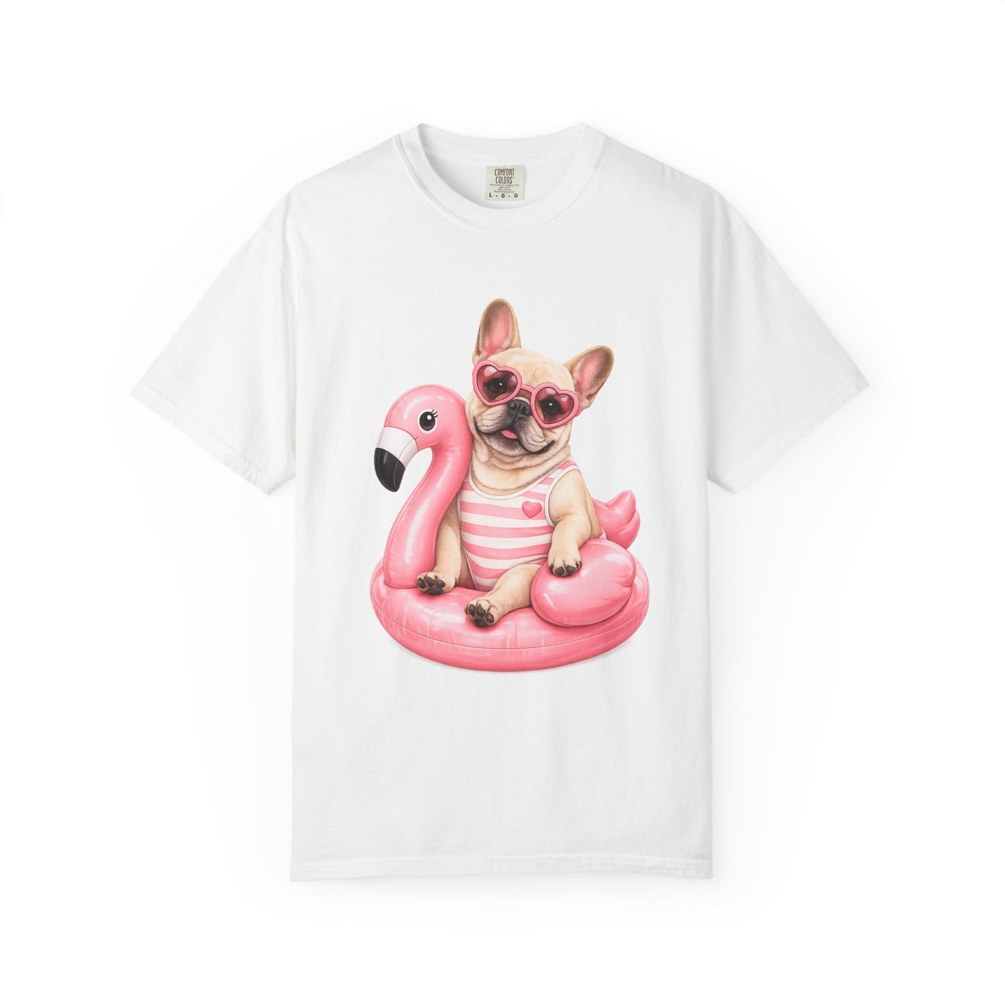 French Bulldog on Pink Flamingo Float T-Shirt — Cute Summer Dog Tee