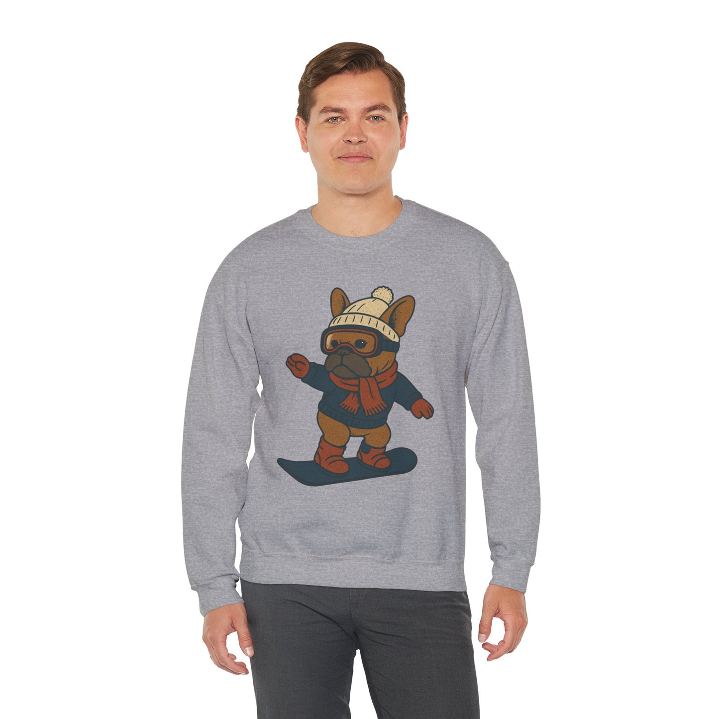 Snowboarding Frenchie Sweatshirt – Cute French Bulldog Winter Sweater, Snowboard Dog Pullover, Cozy Holiday Ski Dog Crewneck, Frenchie Lover Gift