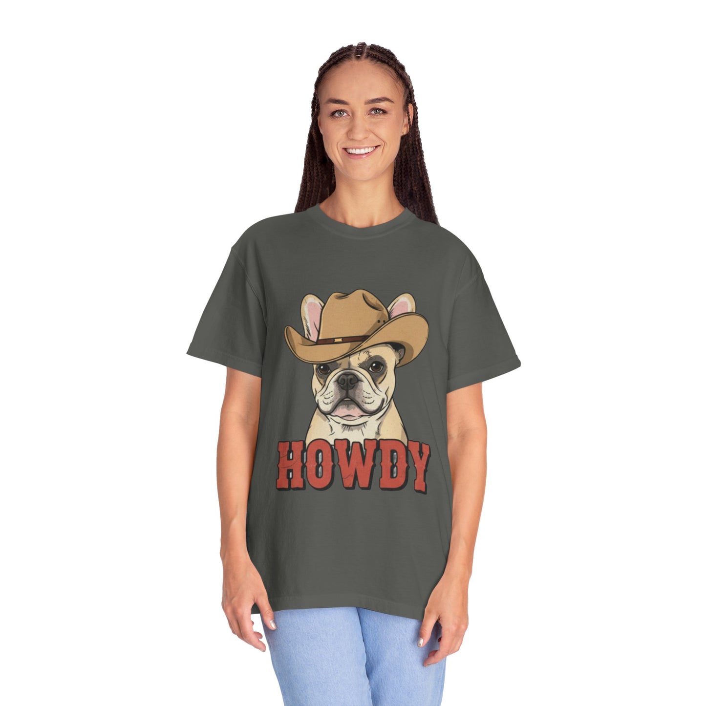 Howdy French Bulldog Cowboy T-Shirt | Western Frenchie Graphic Tee | Cute Dog Lover Country Shirt | Funny Gift for Him or Her