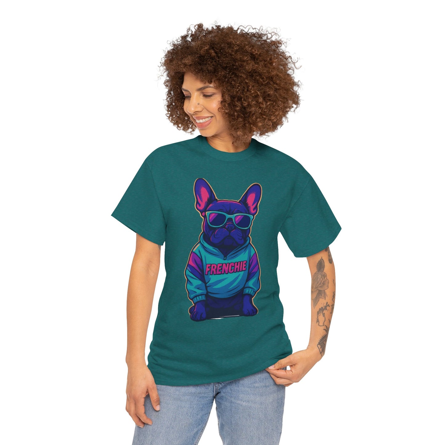 Vaporwave Frenchie T-Shirt | Retro Neon Dog Graphic | 80s Style French Bulldog Tee | Colorful Streetwear Gift for Dog Lovers | Cool Pet Apparel