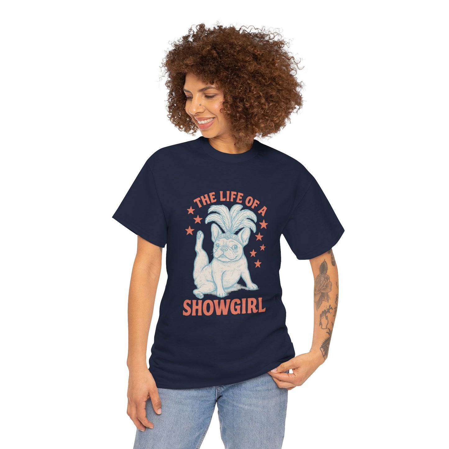 The Life of a Showgirl Frenchie T-Shirt – Retro French Bulldog Tee, Funny Dog Lover Shirt, Vintage Vegas Showgirl Graphic