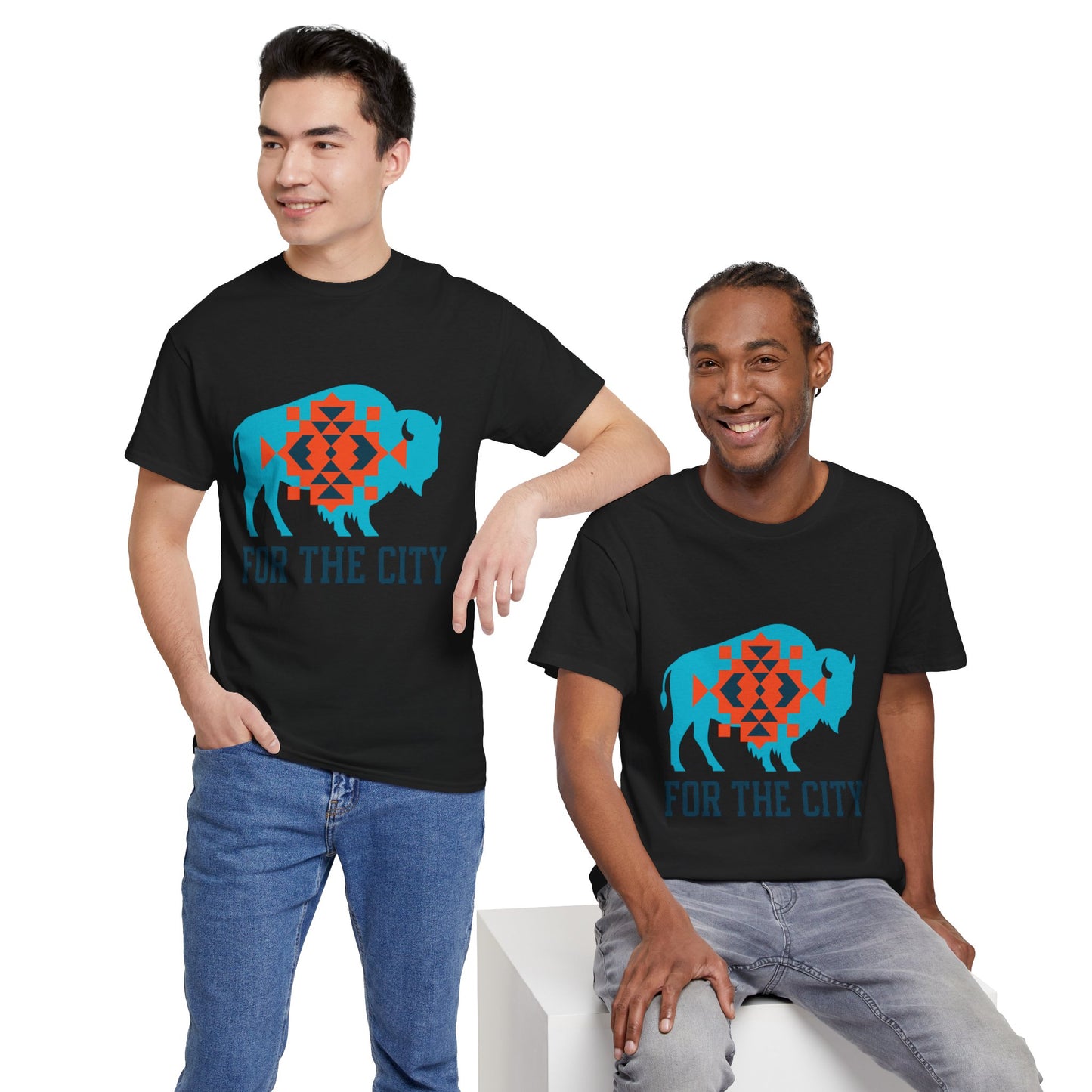 For The City Tribal Bison T-Shirt | Oklahoma Pride Tee | Blue & Orange Southwestern Bison Graphic | OKC Fan Inspired Shirt | Local Oklahoma Gift