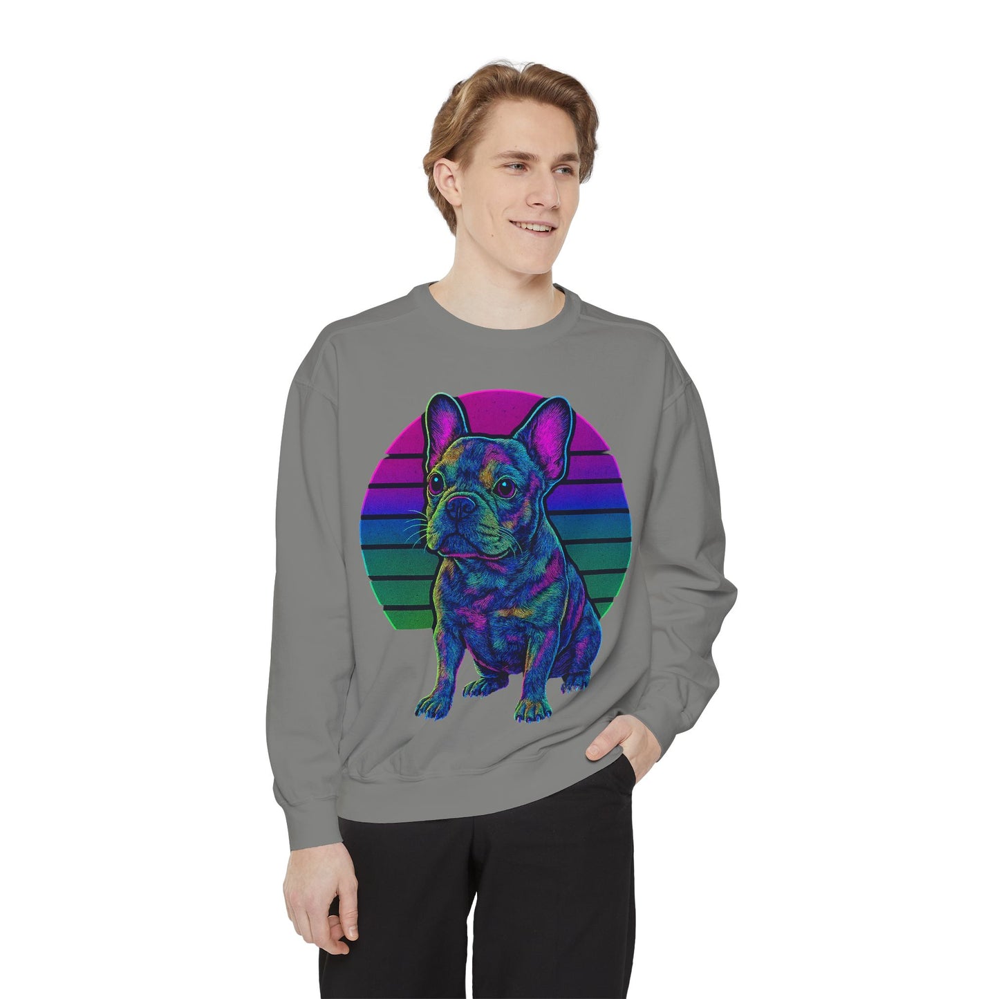 Neon French Bulldog Sweatshirt | Retro 80s Frenchie Pullover | Colorful Dog Lover Crewneck