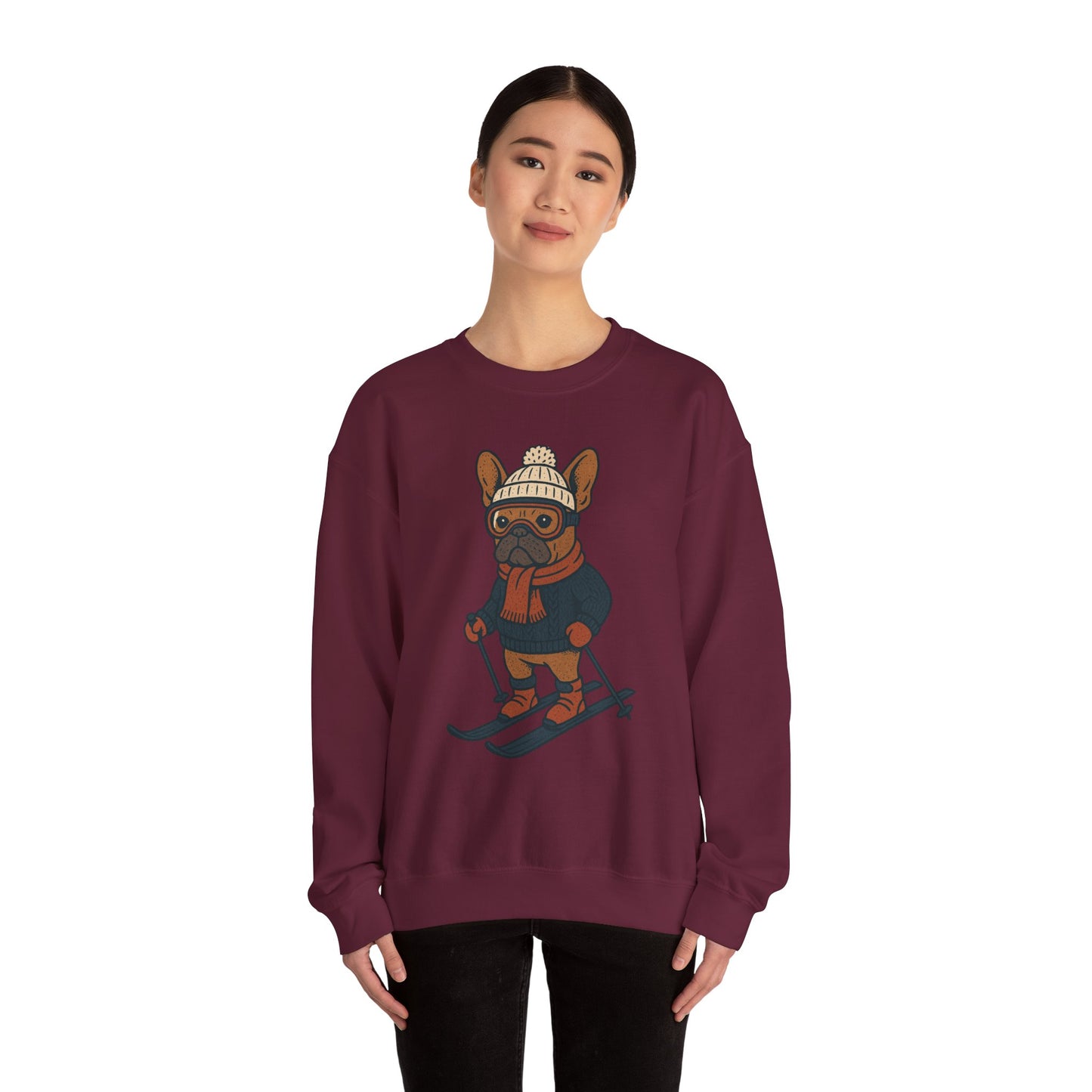 Skiing Frenchie Sweatshirt – Cute Winter French Bulldog Pullover, Cozy Ski Dog Sweater, Funny Dog Lover Gift, Winter Sports Bulldog Crewneck