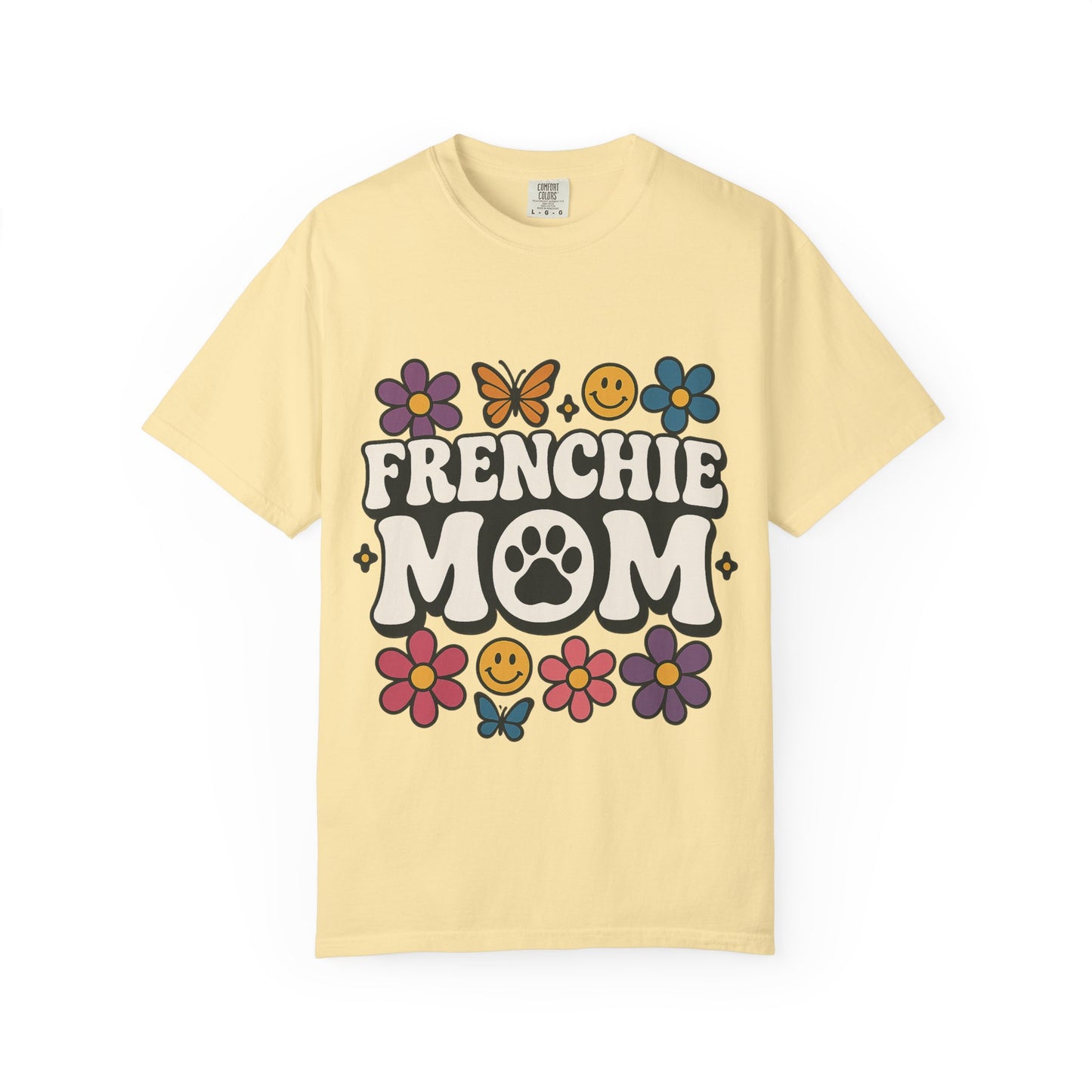 Frenchie Mom T-Shirt | Retro Groovy Dog Lover Tee | Smiley Flower French Bulldog Shirt | Cute Colorful Frenchie Gift for Her