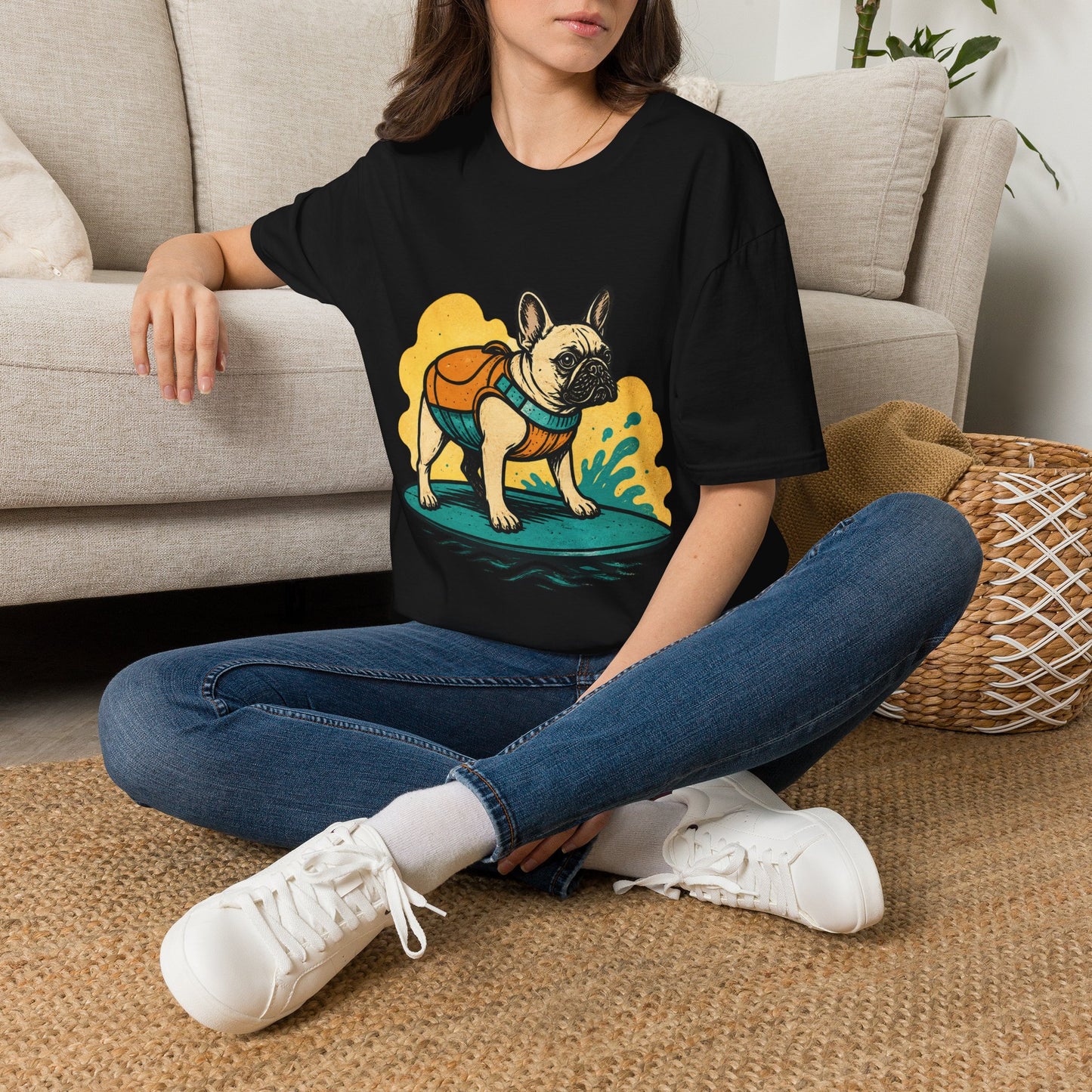 French Bulldog Surf T‑Shirt — Cute Dog with Backpack Beach Tee