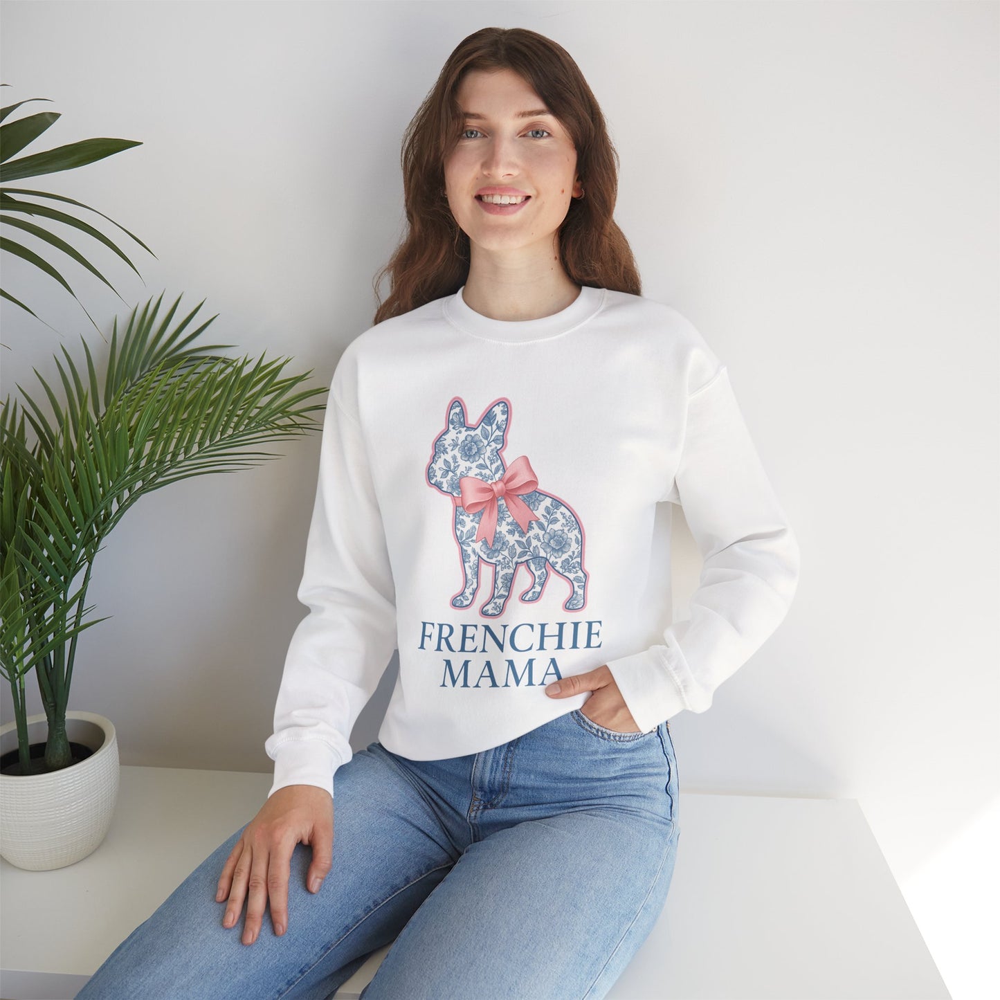 Frenchie Mama Sweatshirt – Blue Floral French Bulldog with Pink Bow, Cute Dog Mom Crewneck, French Bulldog Lover Gift, Cozy Dog Mom Sweater