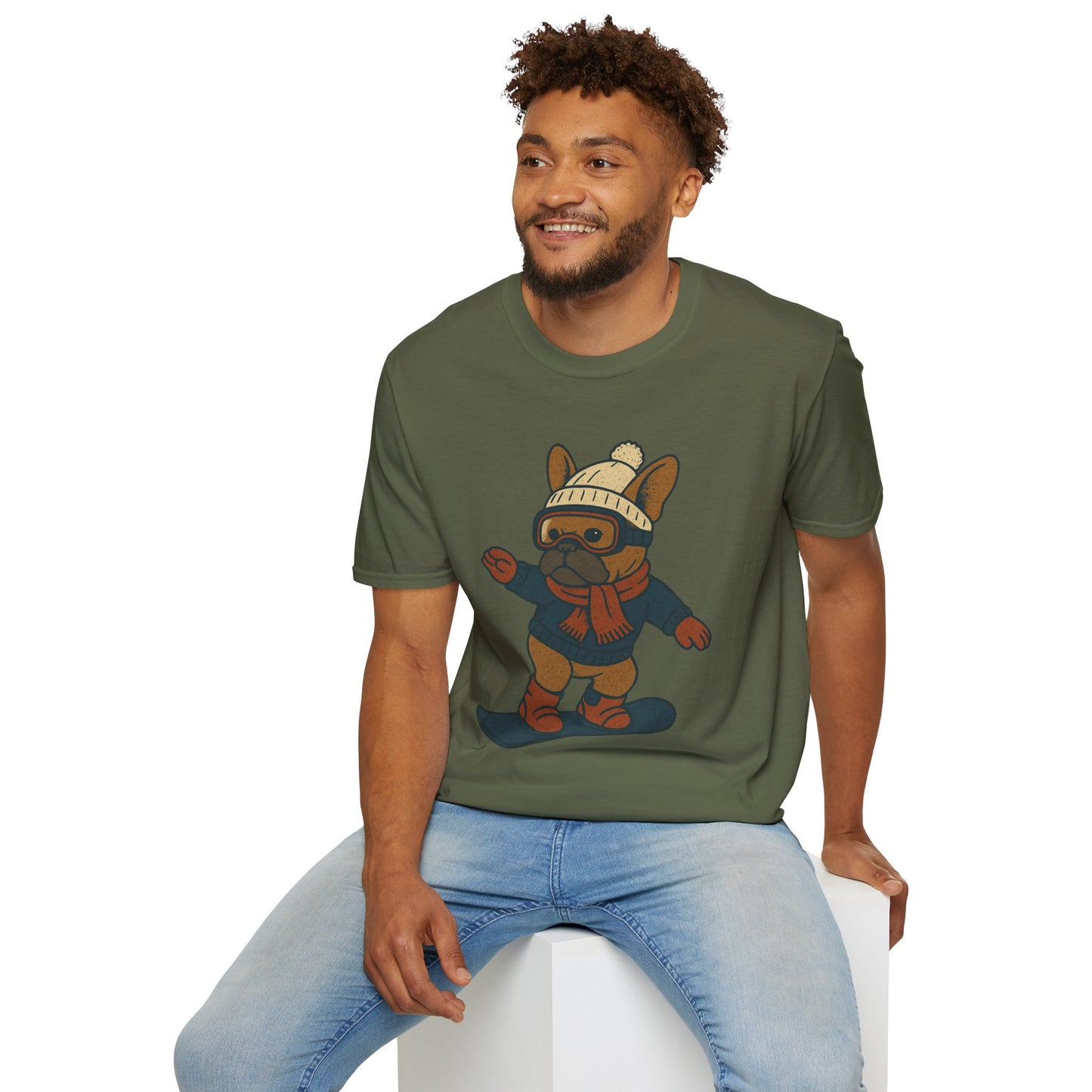 Snowboarding Frenchie T-Shirt | Cute Winter Dog Snowboard Tee | French Bulldog Snowboarder Shirt | Holiday Ski Resort Pup Graphic | Dog Lover Snow Sport Gift