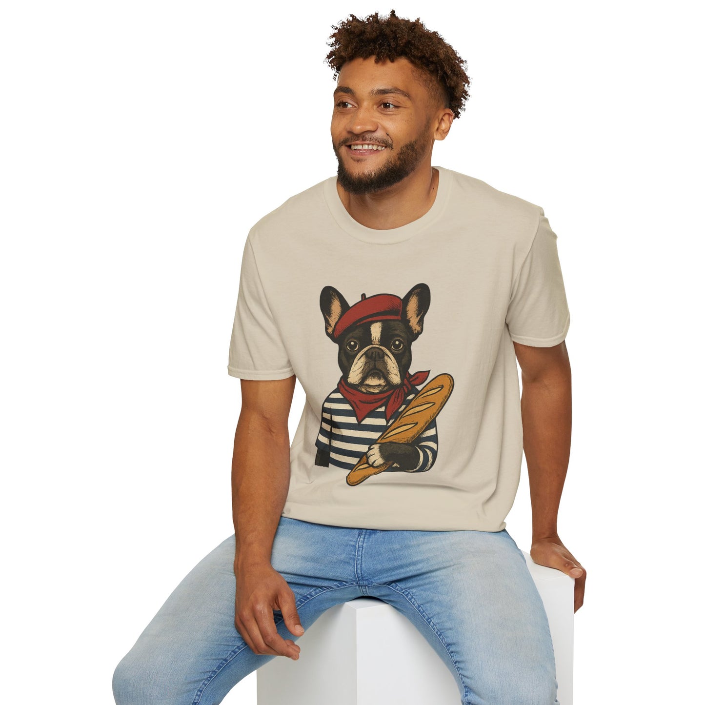 French Bulldog Parisian T-Shirt – Cute Frenchie in Beret & Stripes with Baguette – Funny Dog Lover Tee, French Style Dog Shirt, Gift for Frenchie Moms