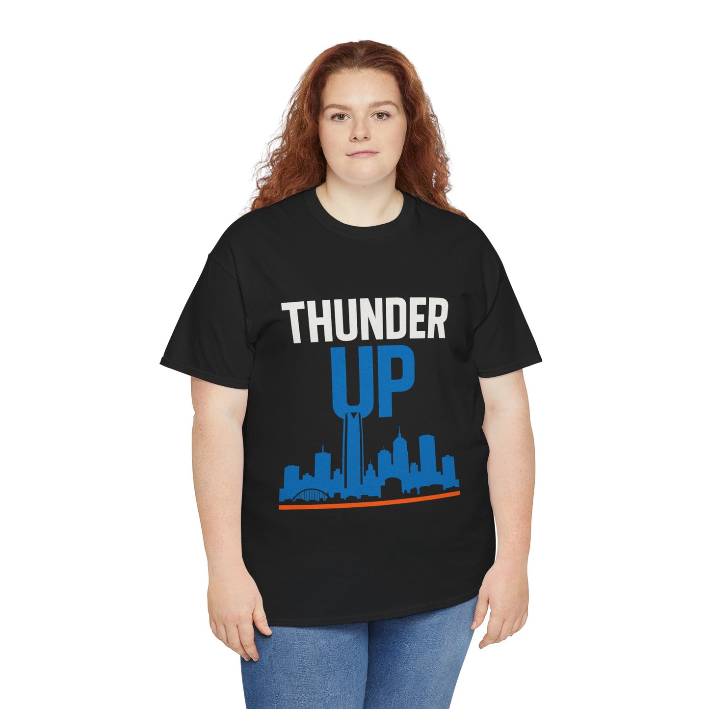 Thunder Up Oklahoma City Skyline Shirt – OKC Basketball Fan Tee, Blue & Orange City Skyline Graphic, Oklahoma Hoops Spirit Wear, Game Day T-Shirt