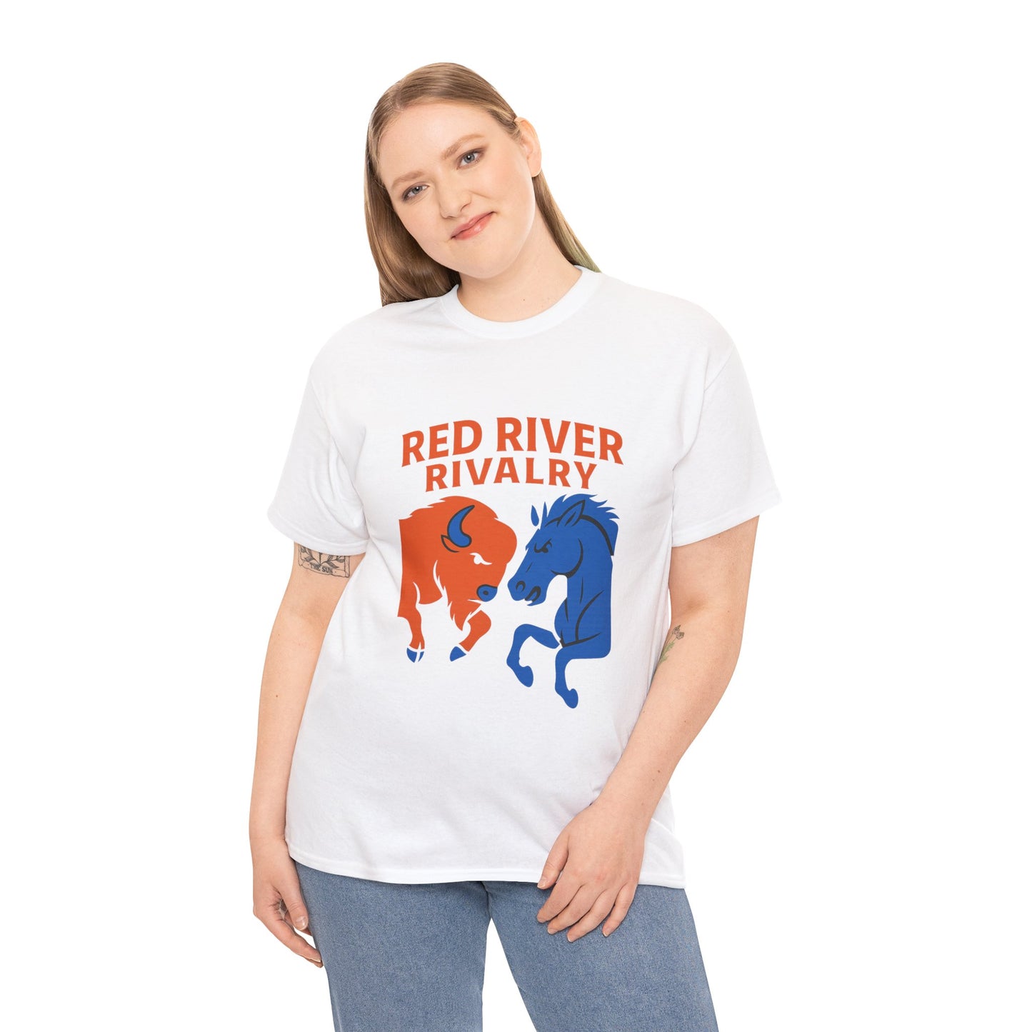 Red River Rivalry T-Shirt – Oklahoma vs Texas-Inspired Tee, Bison and Mustang Game Day Shirt, Blue and Orange Sports Rivalry Graphic