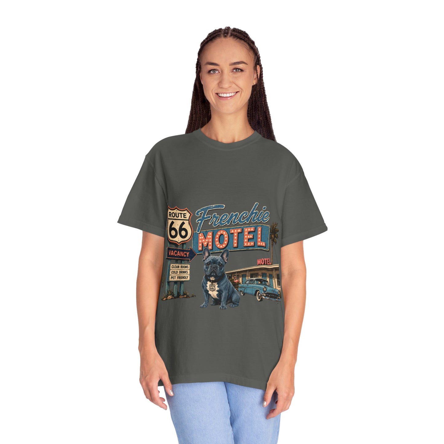 Route 66 Frenchie Motel Shirt, French Bulldog Retro Travel Tee, Vintage Road Trip Shirt, Dog Lover Graphic Tee, Route 66 Dog Shirt, Frenchie Motel T-Shirt, Retro Americana Gift