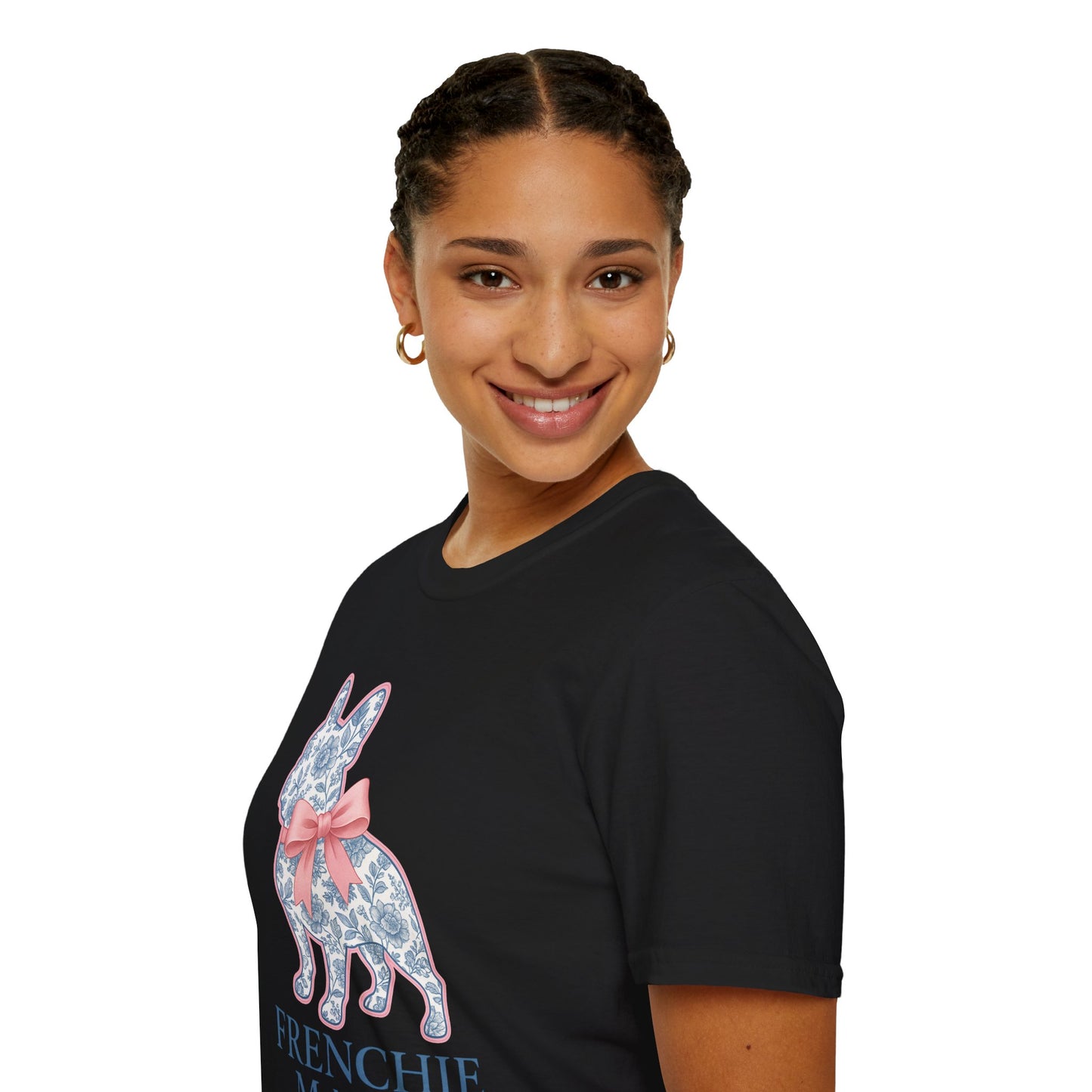 Frenchie Mama Shirt – Floral French Bulldog Silhouette Tee with Pink Bow, Dog Mom Gift, Cute Frenchie Lover T-Shirt, Pastel Dog Mom Apparel