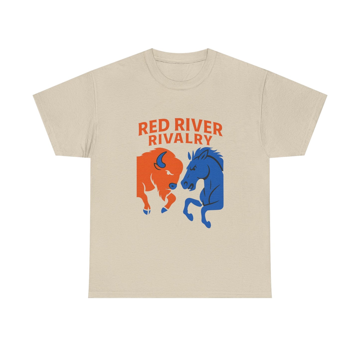 Red River Rivalry T-Shirt – Oklahoma vs Texas-Inspired Tee, Bison and Mustang Game Day Shirt, Blue and Orange Sports Rivalry Graphic