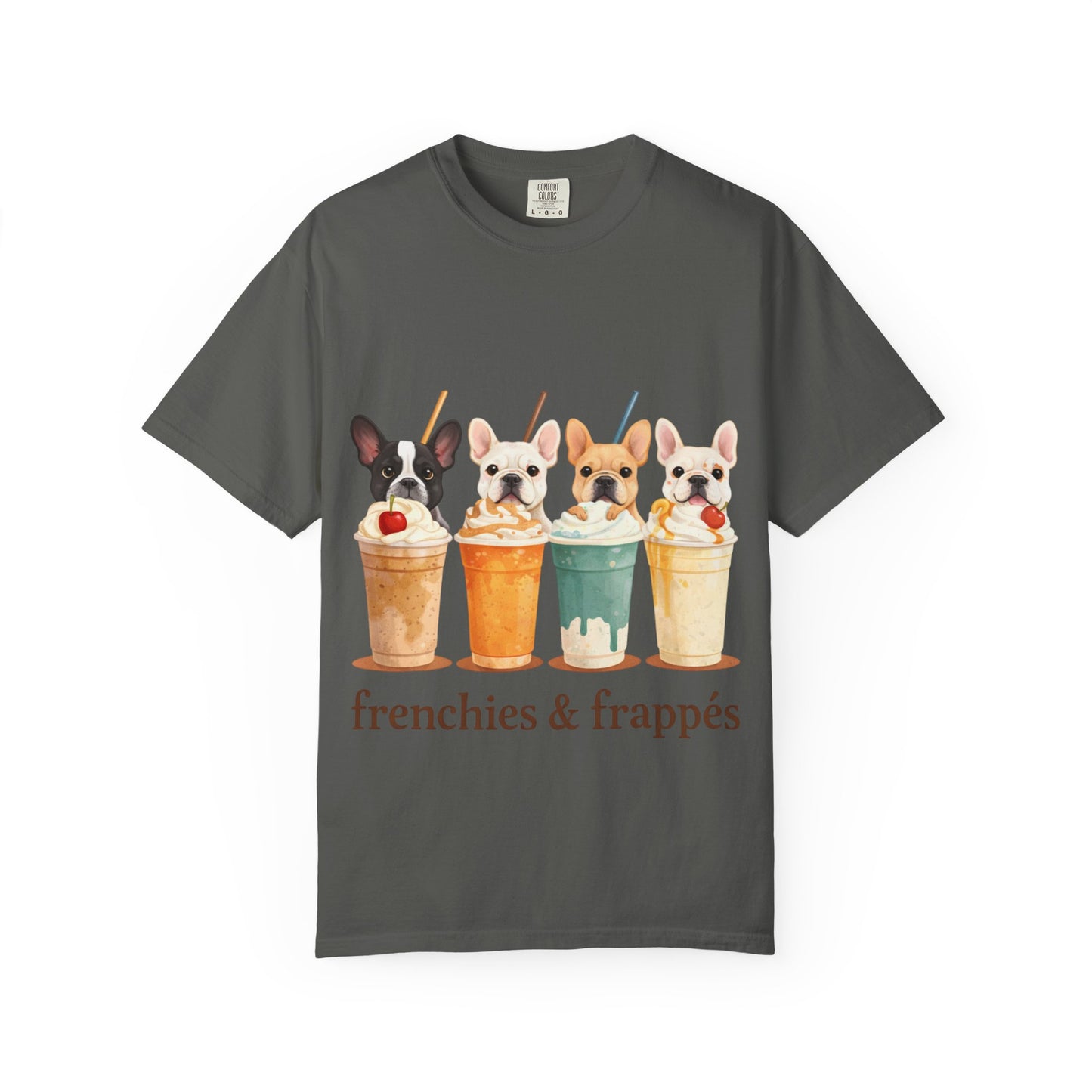 Frenchies & Frappés Shirt, French Bulldog Coffee Shirt, Cute Frenchie Café Tee, Coffee Lover Dog Shirt, Dog Mom Gift, French Bulldog Graphic Tee