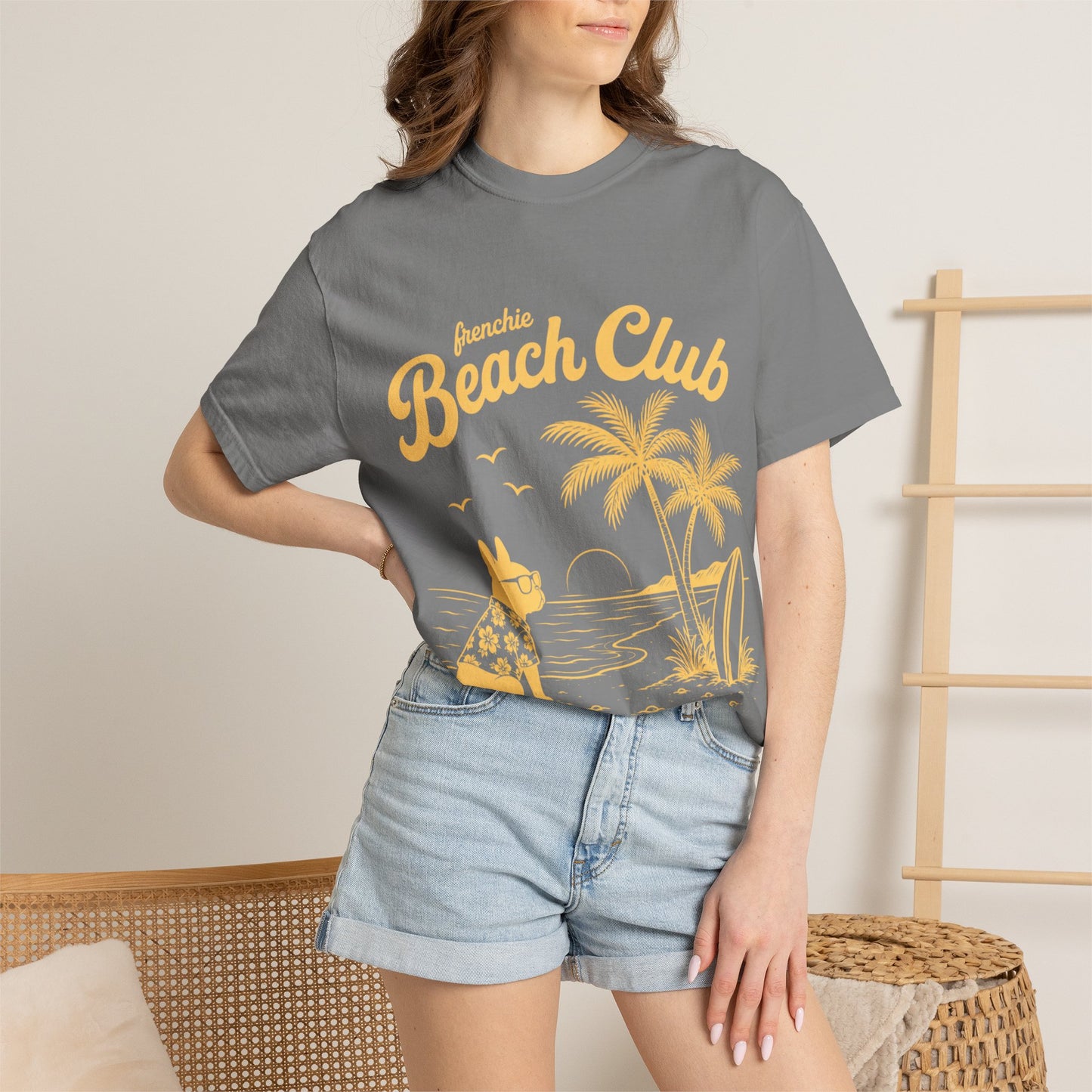 Frenchie Beach Club T-Shirt — Cute French Bulldog Surfing Palm Beach Tee