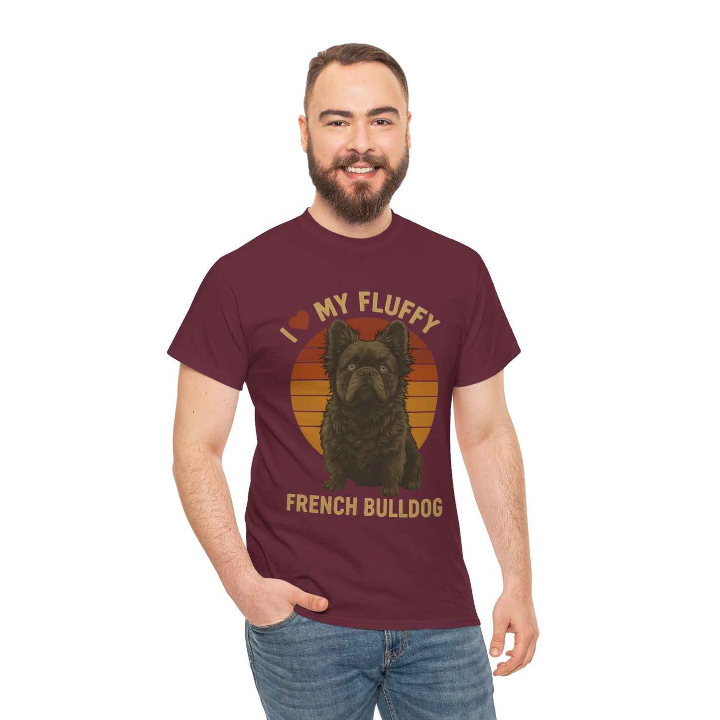 I Love My Fluffy French Bulldog Shirt – Cute Fluffy Frenchie Mom Tee – Retro Sunset Dog Lover Gift – Fluffy Frenchie Owner Present – Pet Parent T-Shirt